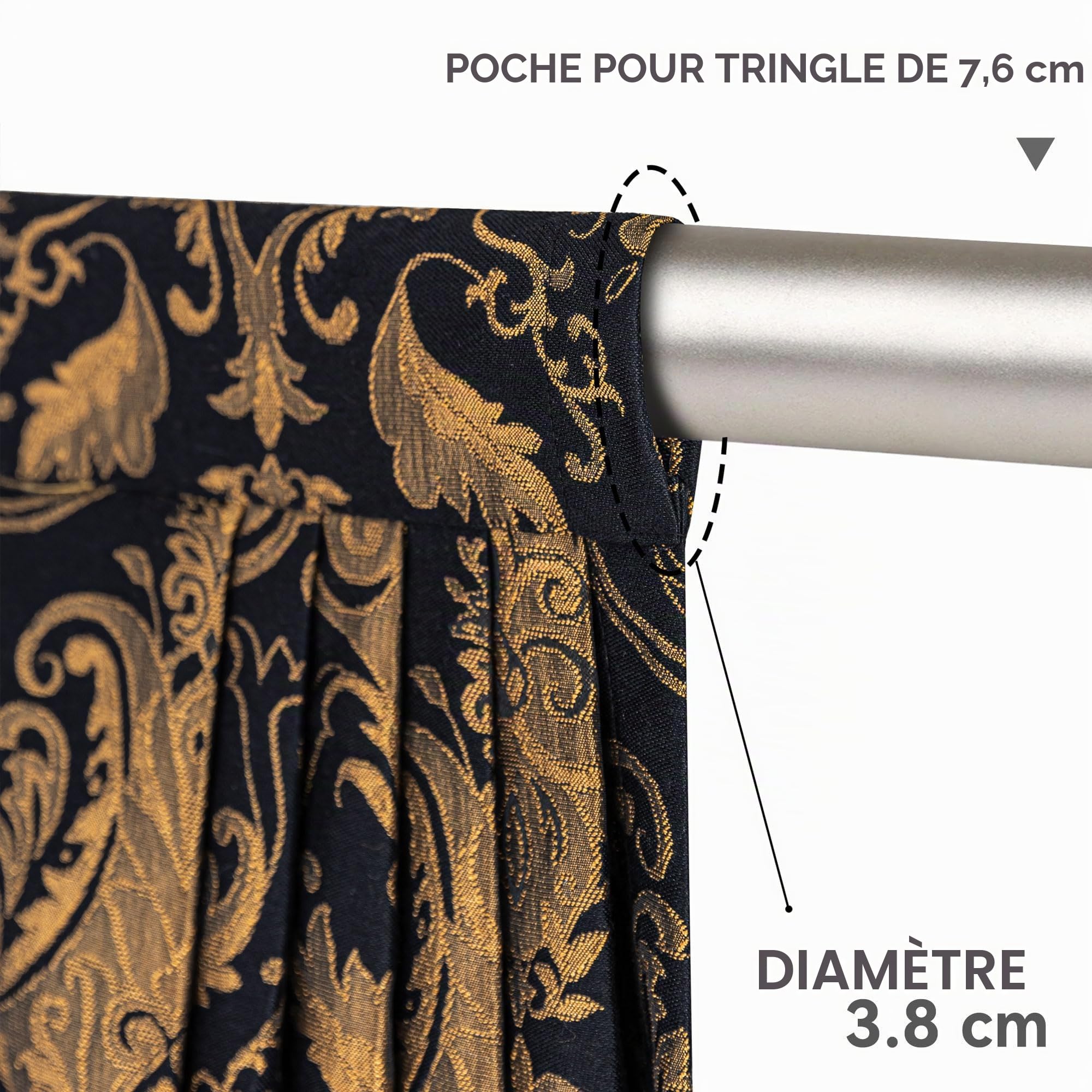 Cantonnière pour fenêtres, motif cascade damassée avec pompons, rideau court pour chambre à coucher, salon, cuisine, traitement de fenêtre avec passe-tringle (largeur 100 cm, noir)