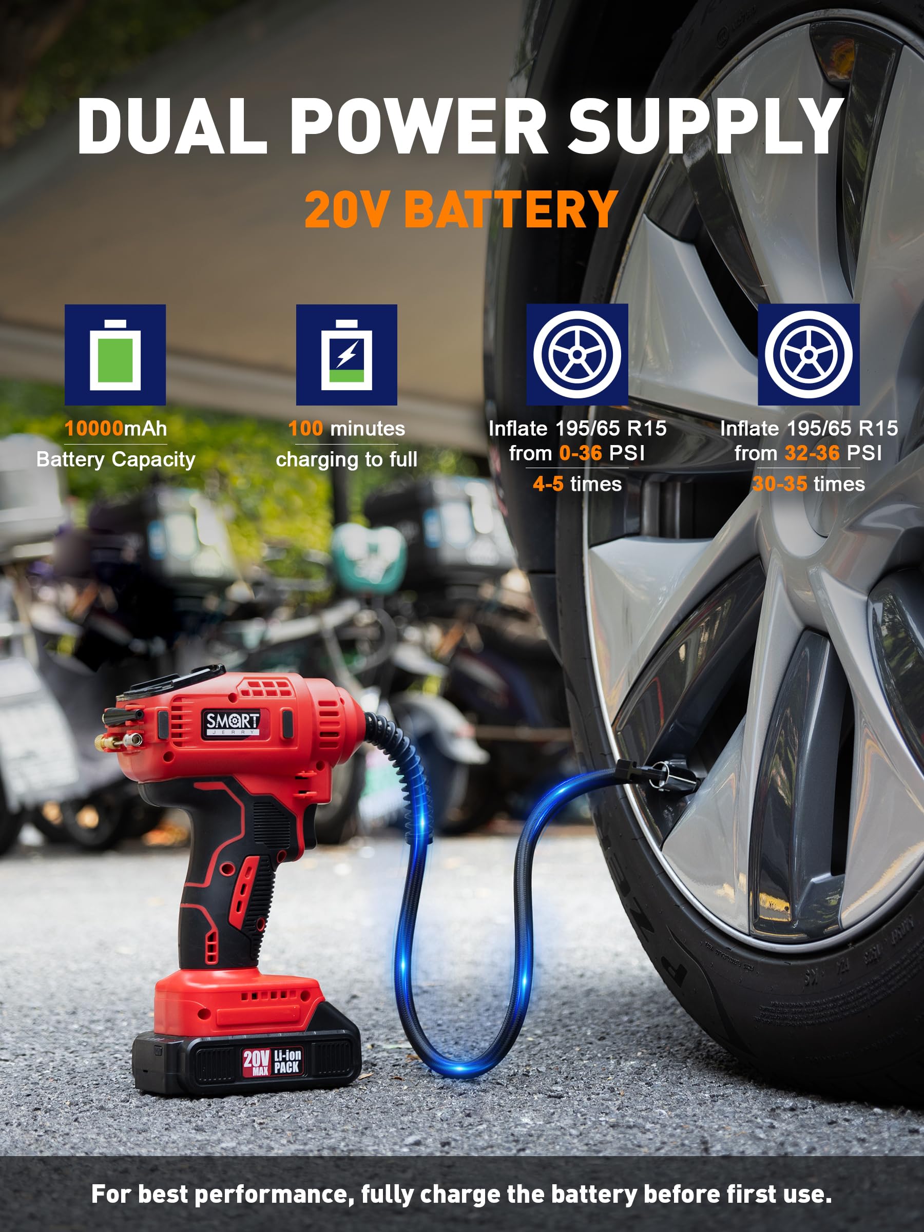 SMART JERRY - Compresor de aire portátil para neumáticos de coche, bomba de aire inalámbrica de doble potencia de 20 V/12 V con presión máxima de 150 PSI y parada automática inteligente | Inflado