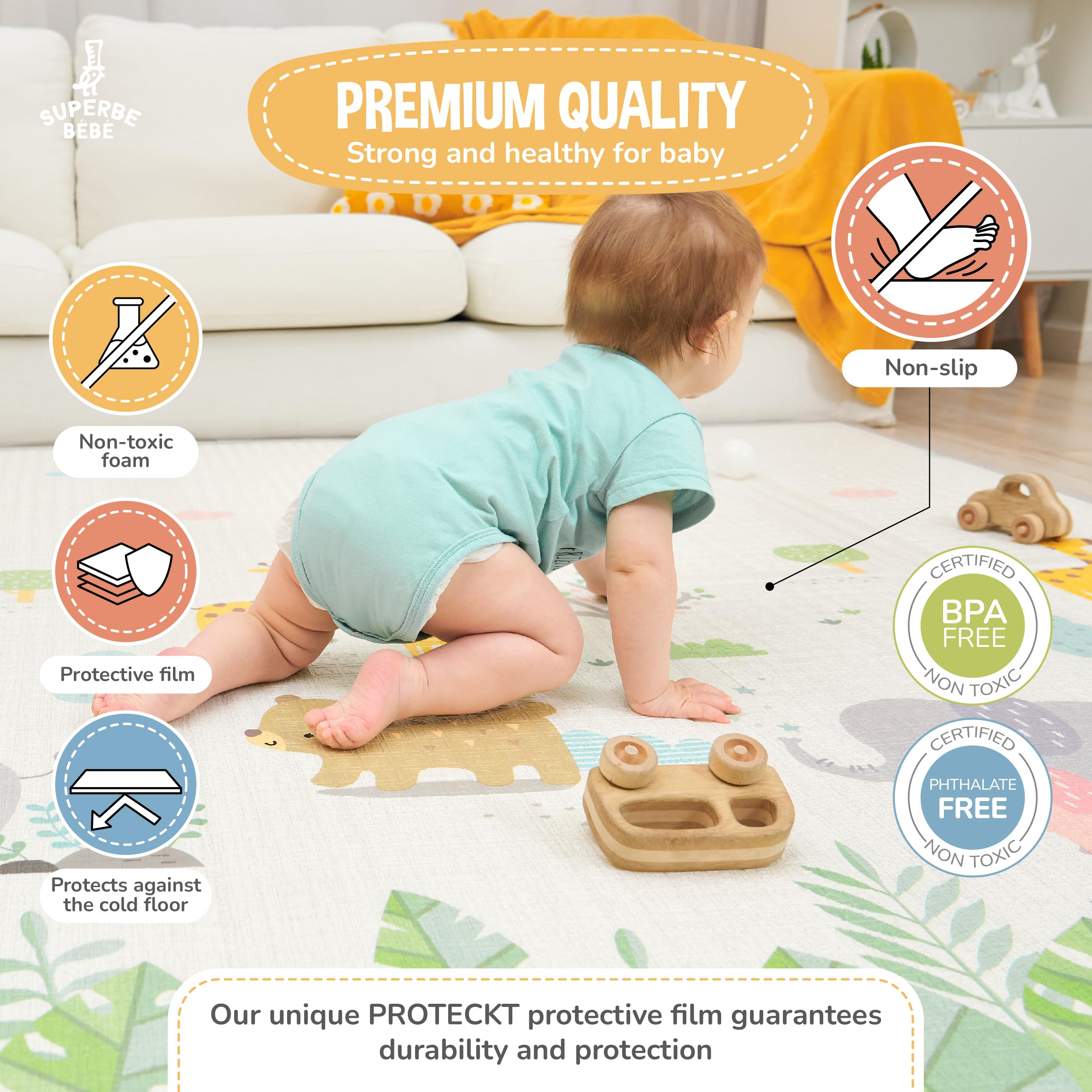 Tappeto Gioco Bambini Pieghevole 180x200x1.5cm Palestrina Neonato Montessori Reversibile Non Tossico E Impermeabile In Schiuma Per Bimbi. Palestra Neonati - Tappeto Tummy Time Neonati - Regalo Bambino - 5