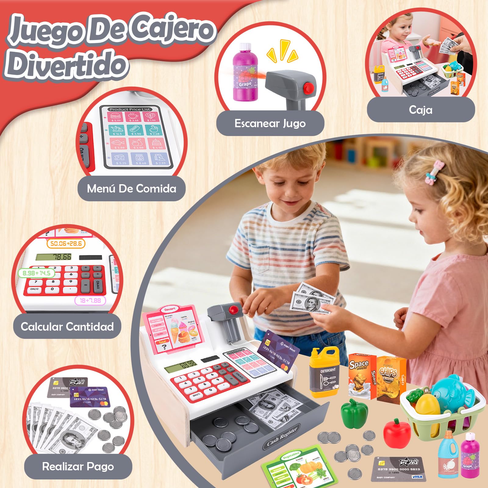JONRRYIN Caja Registradora Juguetes para Niños, Máquina Registradora Juguete con Escáner Calculadora Comida Dinero, Supermercado Juguete Regalo para Pequeña 3 4 5 6 7 Años (Blanco)