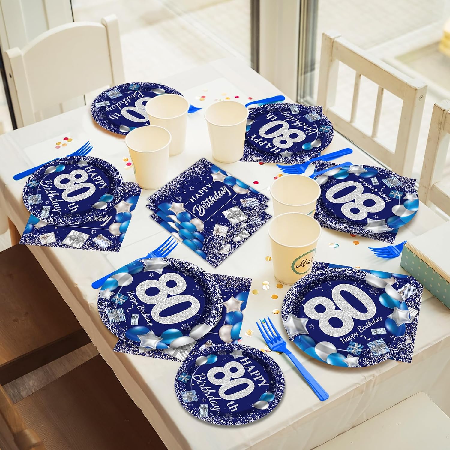 96 Pcs 80th Birthday Party Supplies Navy Blue and Silver Birthday Plates 80th Birthday Paper Tableware Happy Birthday Party Plates and Napkins Forks Blue Birthday Table Decorations for 24 Guests