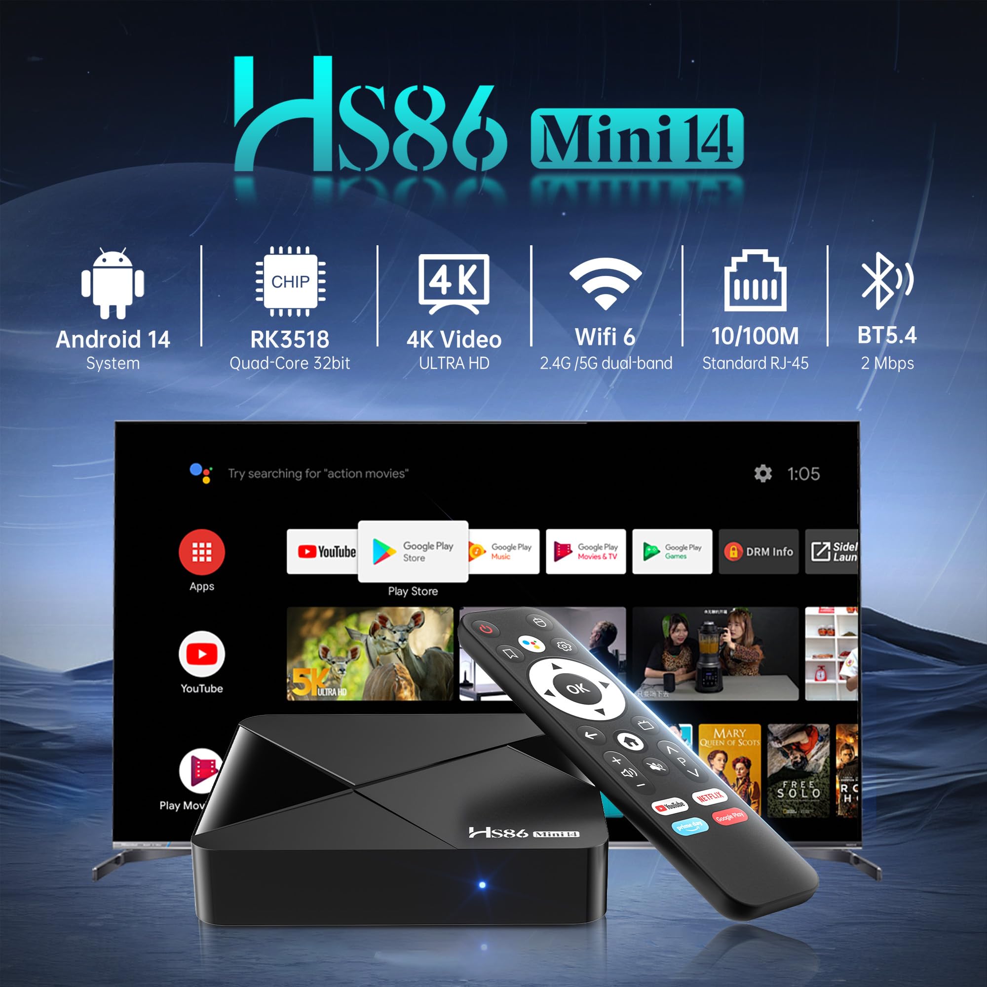 Boitier Android 14.0 TV Box, TV Box Android with RK3518 Quad-Core 32bit Cortex-A53 Chip Mali 450 MP2 GPU Support 2G RAM 16G ROM Ethernet 10/100M 2.4G /5G Dual-Band WiFi HD 4K BT V5.4 Smart TV Box