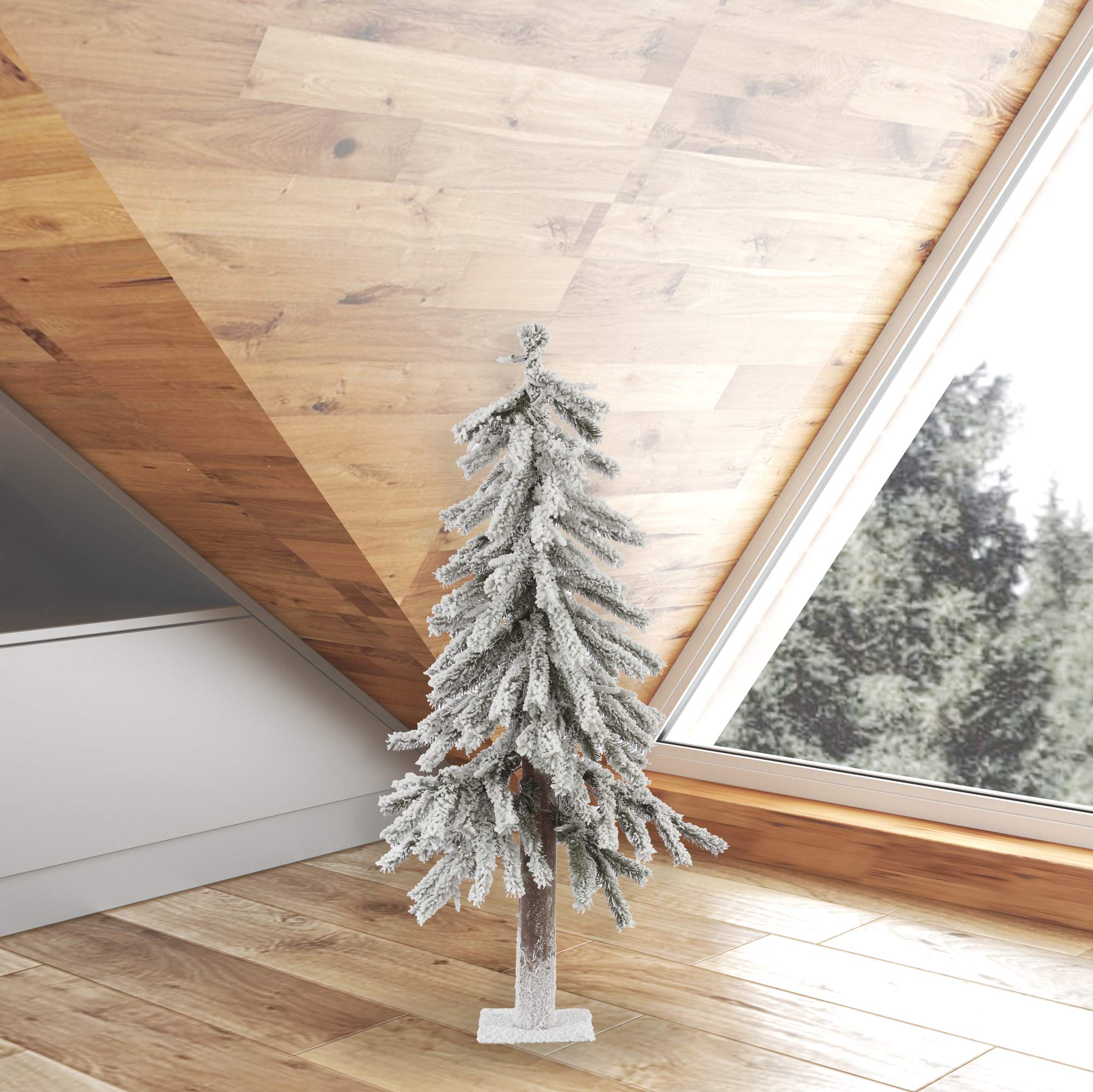 Vickerman 3' x 22" Flocked Alpine Artificial Christmas Tree, Unlit - Snow Covered Faux Tree - Seasonal Indoor Home Decor - Real Wood Trunk