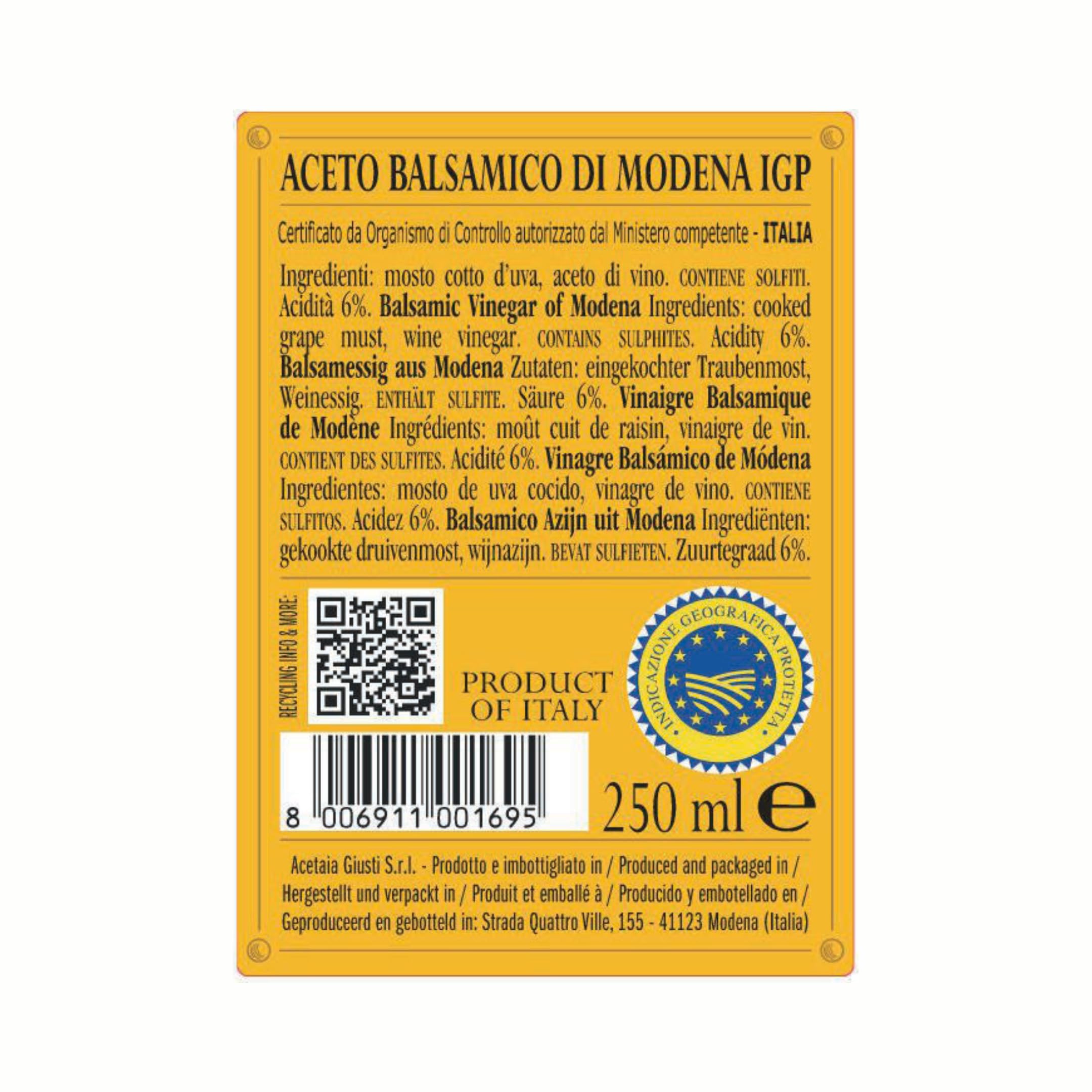 Giusti - Aceto Balsamico di Modena IGP 4 Medaglie d’oro – Cubica 250ml con astuccio