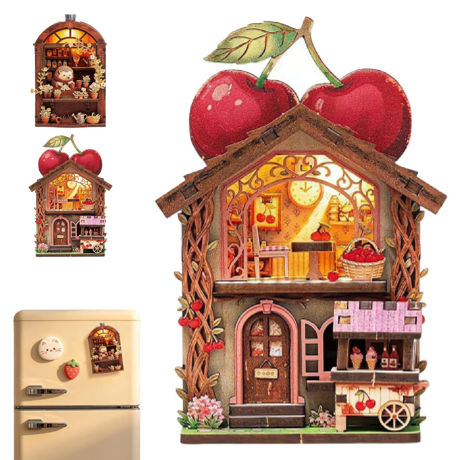DIY Mini Wooden House Model Kit with LED Light – Magnetic Back Miniature Scene Book Nook Decor, Compact Handmade Craft Ornament for Fridge, Desk, Bookshelf, Gifts for Adults Teens Beginners (Fruit)