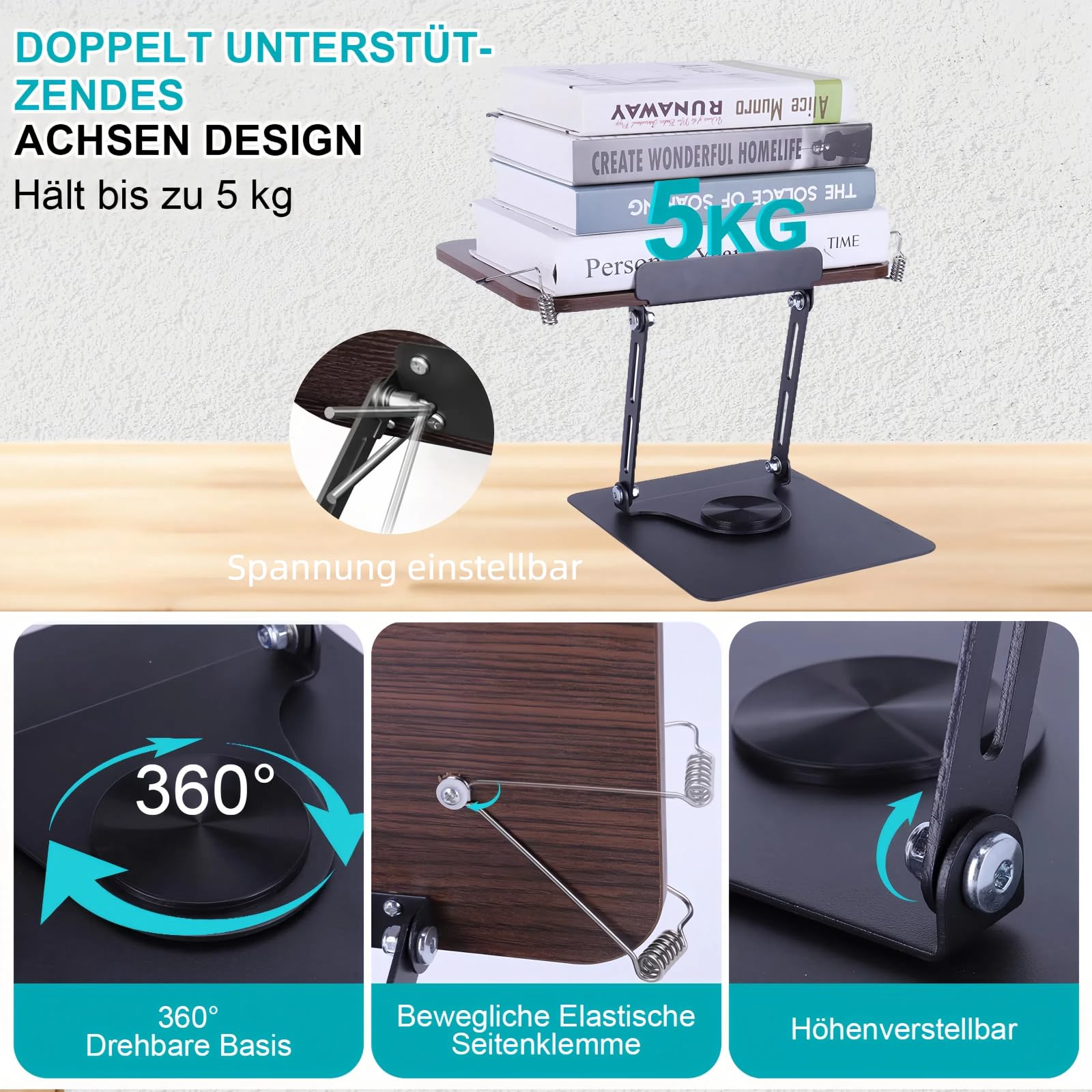 Buchständer Holz Mit 360° Drehbare Basis, Verstellbarer Buchhalter Leseständer Mit Klappbar Und Tragbar,Kochbuchhalter Mit Seitenclip, Leicht Für Büro, Küche, Schule, Lehrbuch, Zeitschrift, Tablet