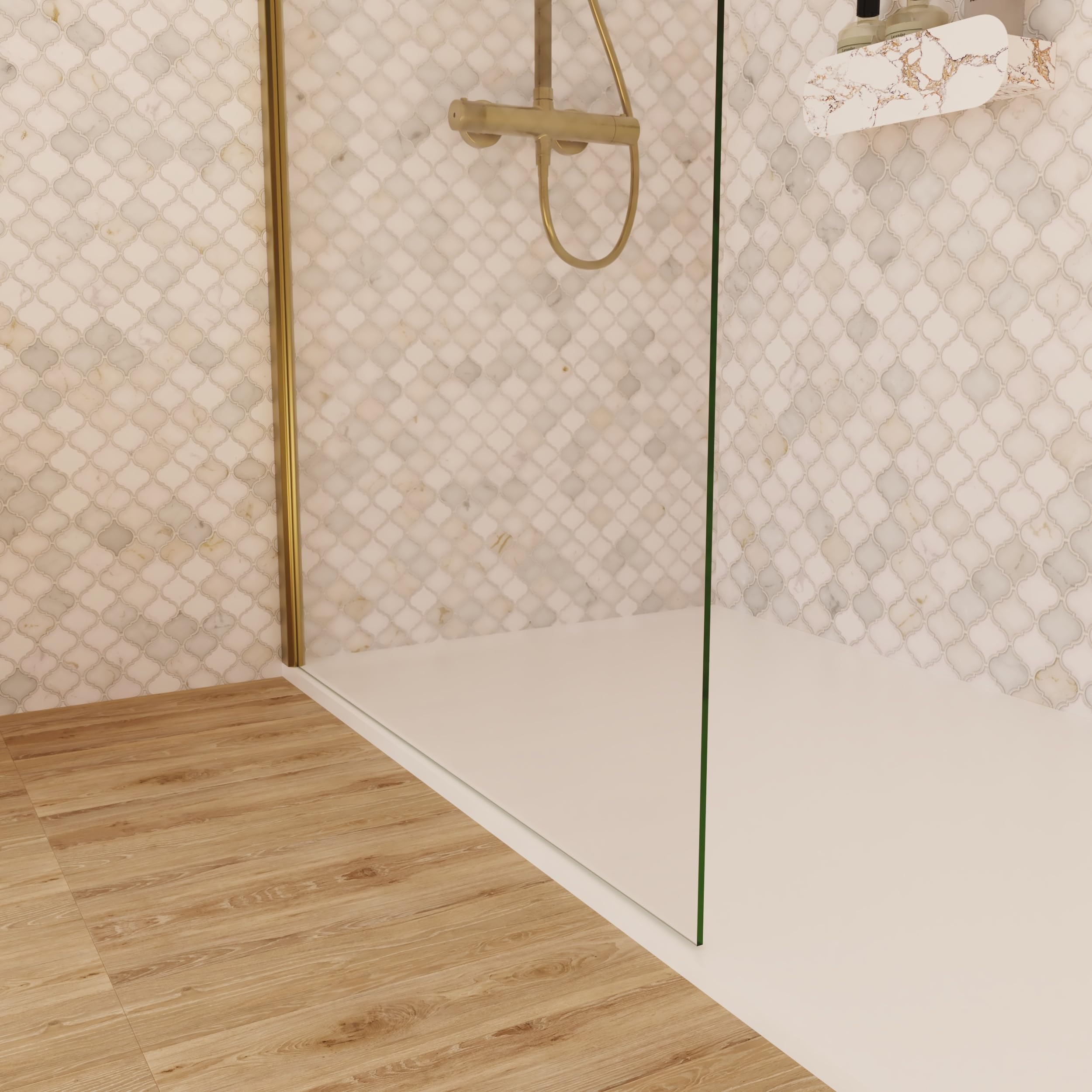 BAIKAL Mampara de Ducha. Panel Fijo de 100cm. Perfil Oro Mate. Cristal Transparente Templado 8mm de espesor. Tratamiento Antical. Alto 195 cm. Brazo recortable 60-90cm.