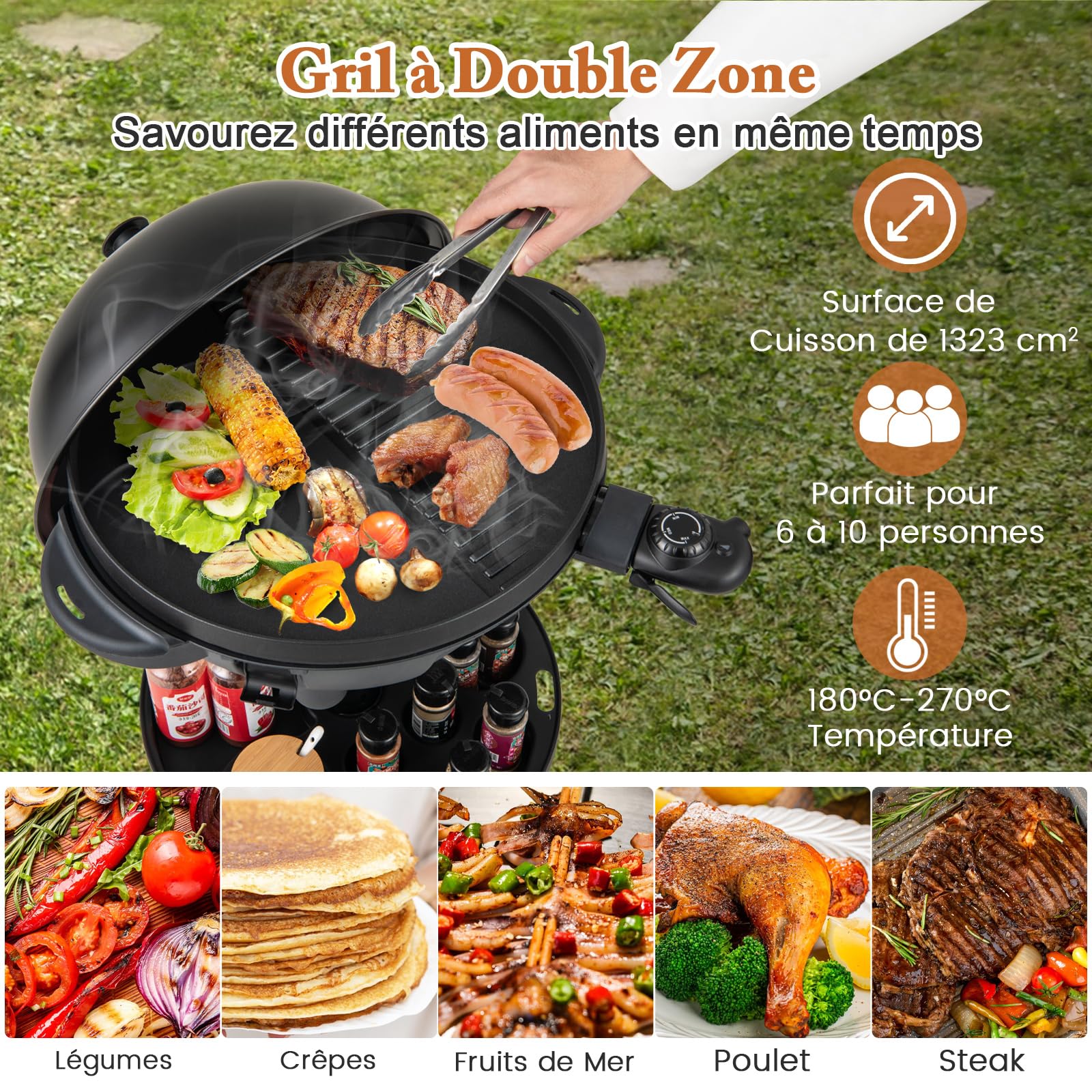 COSTWAY Barbecue Electrique Extérieur 1200 W, Plaque de Cuisson Antiadhésive à 2 Zones Température Réglable Support Amovible Etagère à Condiments, pour Balcon Terrasse Jardin