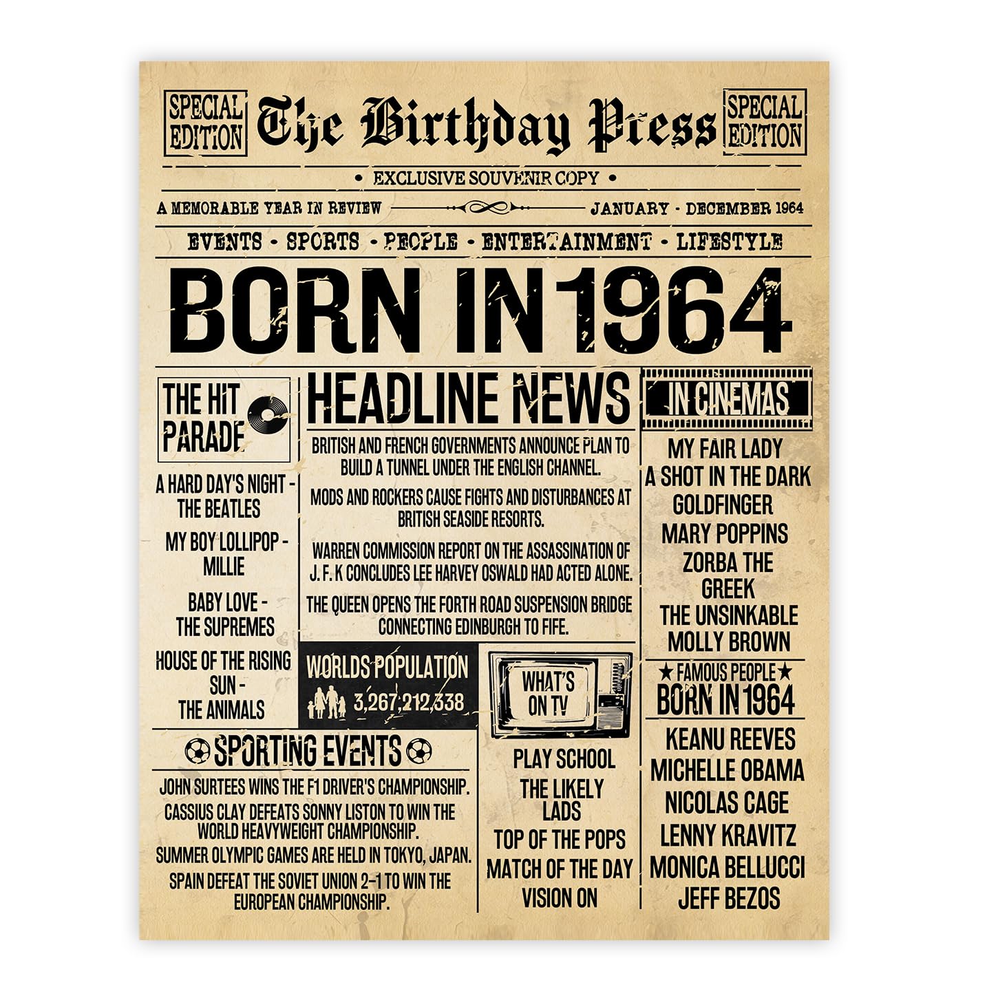 Stuff4 62nd Birthday Poster Unframed - Born In 1964 Vintage Newspaper - Happy 62nd Birthday Gifts for Women Men Retro Back In 1964, 8x10 Inch Decor Decoration Bday Party