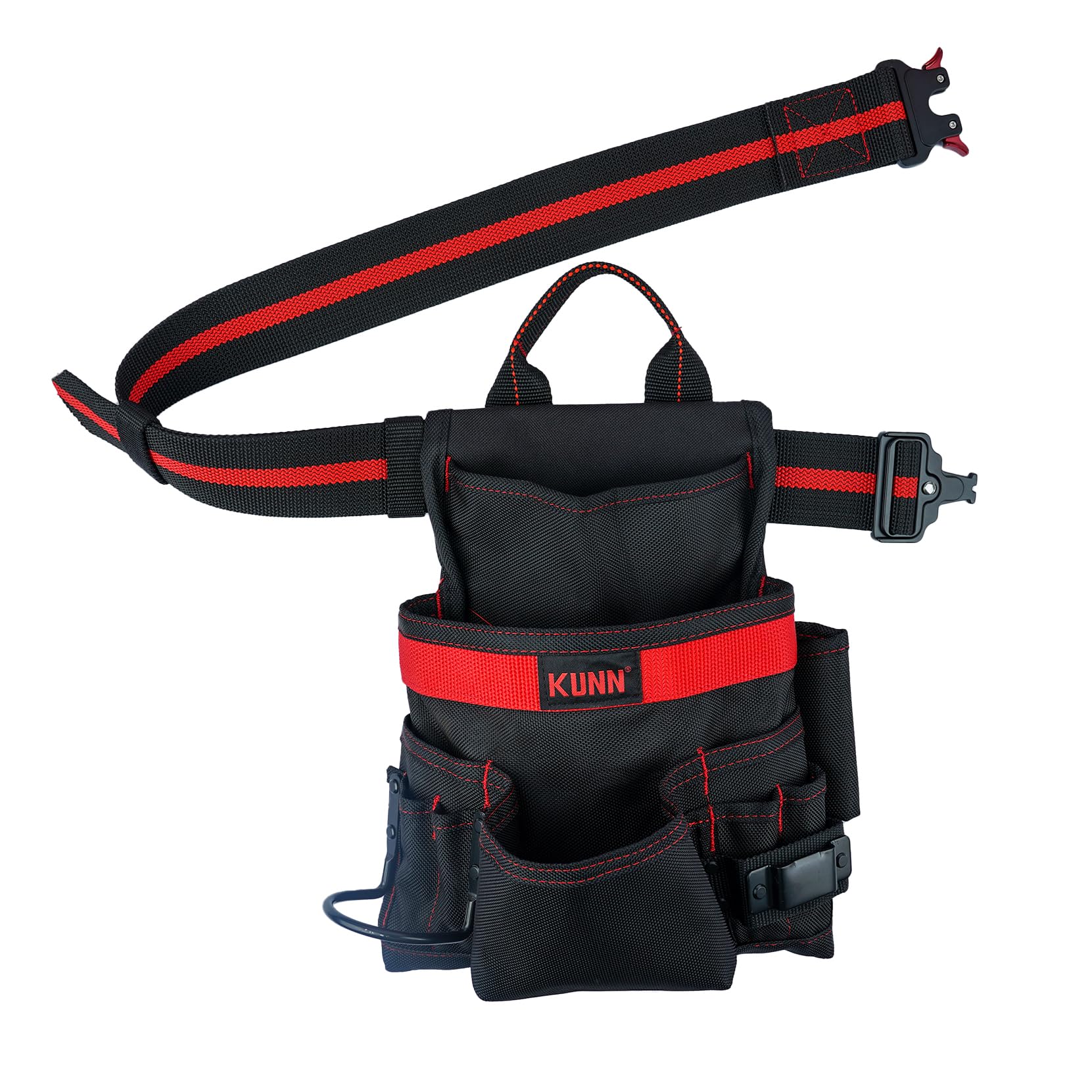 KUNN Bolsa de herramientas de carpintero de 10 bolsillos, cinturón ajustable de 2 pulgadas, construcción resistente, soporte para martillo y clip de cinta métrica