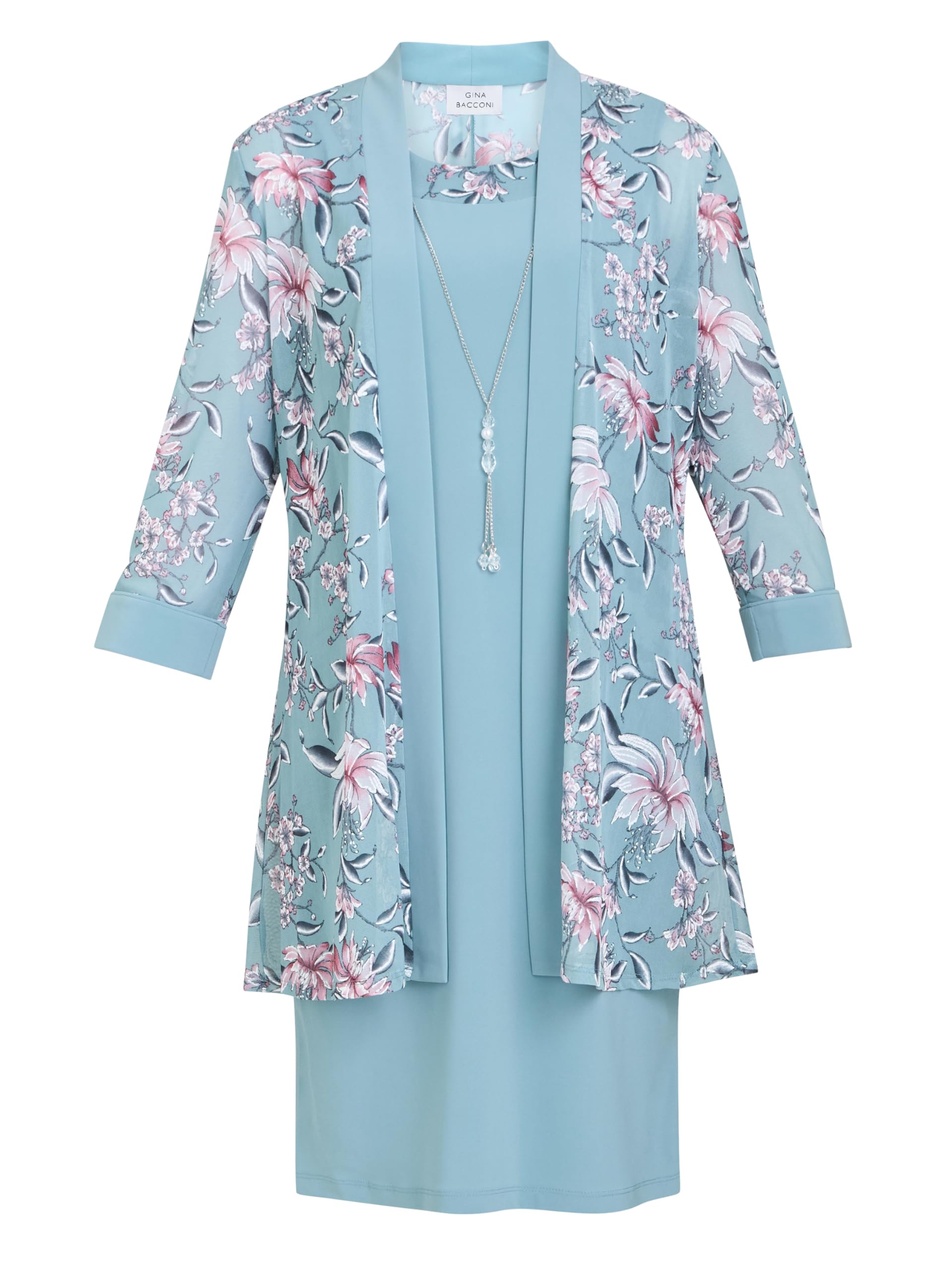 Gina Bacconi Printed Dress and Jacket with Detachable Necklace, Aqua, 16