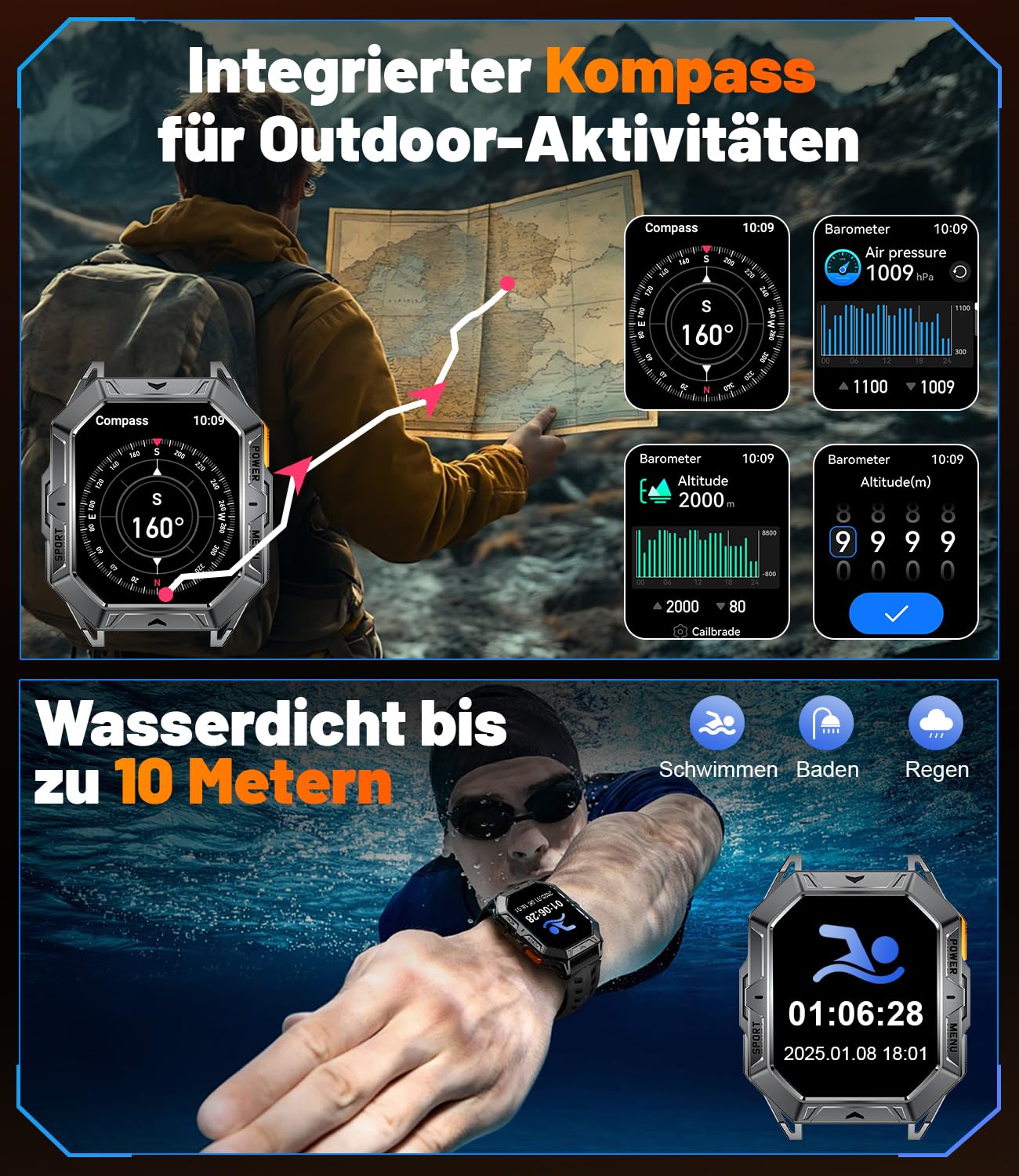 Smartwatch Herren Militär, 2.13" AMOLED mit 256 MB,1000mAh Akku, Barometerdruck/ Höhenmesser/Kompass, Smart Watch mit Telefonfunktion, 100+ Sportmodi Fitness-Tracker, 10ATM Wasserdicht für Android iOS