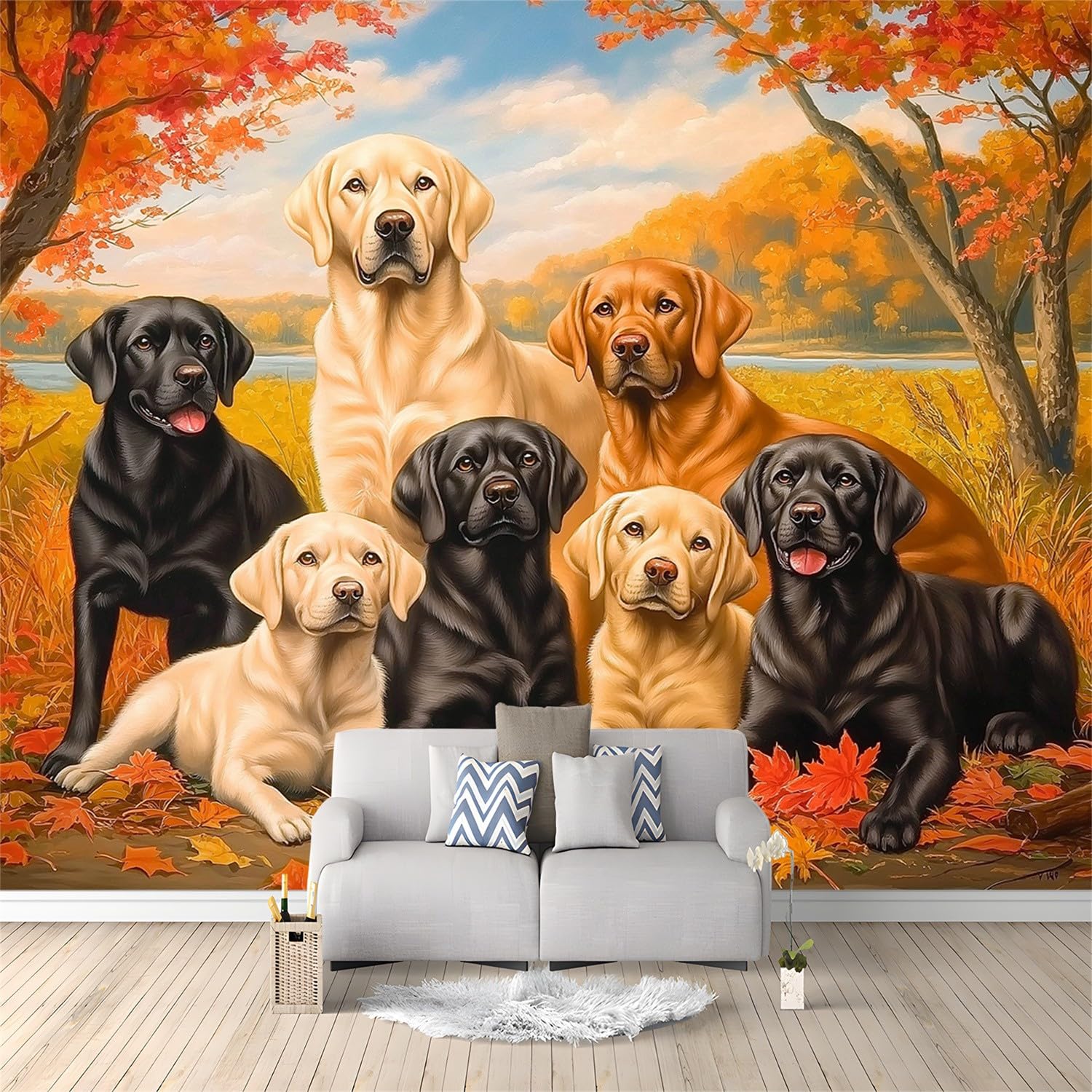 250 x 175 cm Wall Mural Photo Wallpaper Orange Color Non-Woven Art Print Murals Decor Poster Picture, Animals Puppy Fallen Leaves Photo Wallpaper for Bedroom Living Room Office Hotel Background — image 1