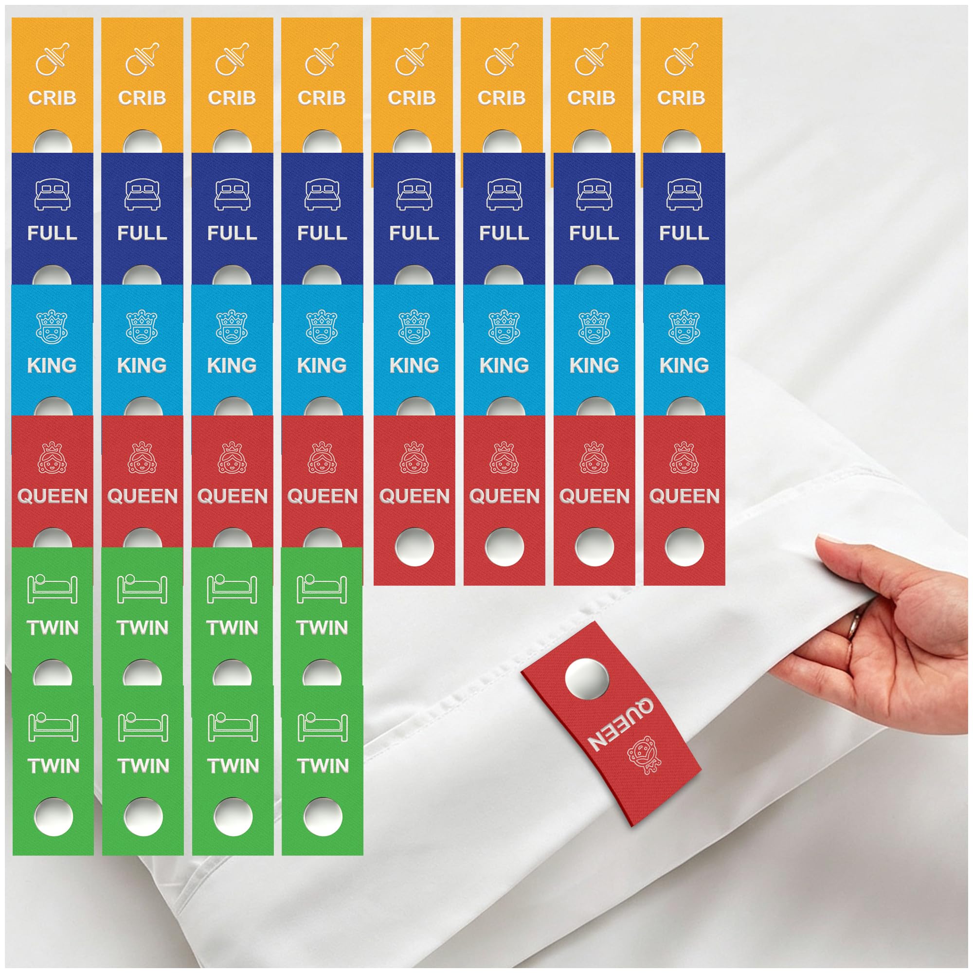 WHISPERING WONDER 40-Pack Color-Coded Bed Sheet Labels, Snap-On Tags for Queen, King, Full, Twin & Crib Size, Reusable Sheet Organizer, Machine Washable for Effortless Bed-Making