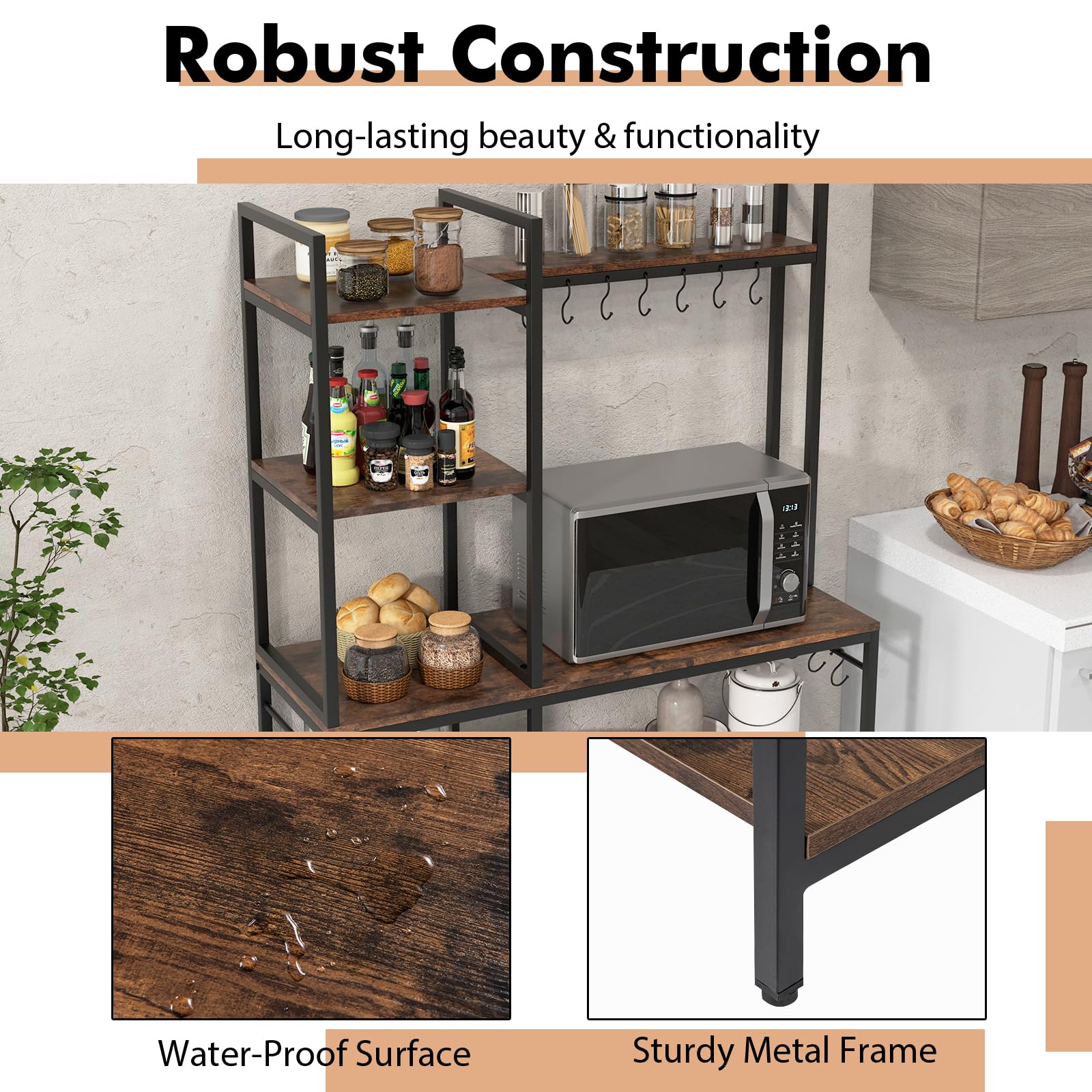 KOMFOTTEU Mensola Microonde a 5 Livelli in Metallo, Scaffale Cucina con Stazione di Ricarica, 10 Ganci, Supporto per Forno a Microonde, Scaffale Da Panetteria per Sala da pranzo, 107x37x160cm, Marrone