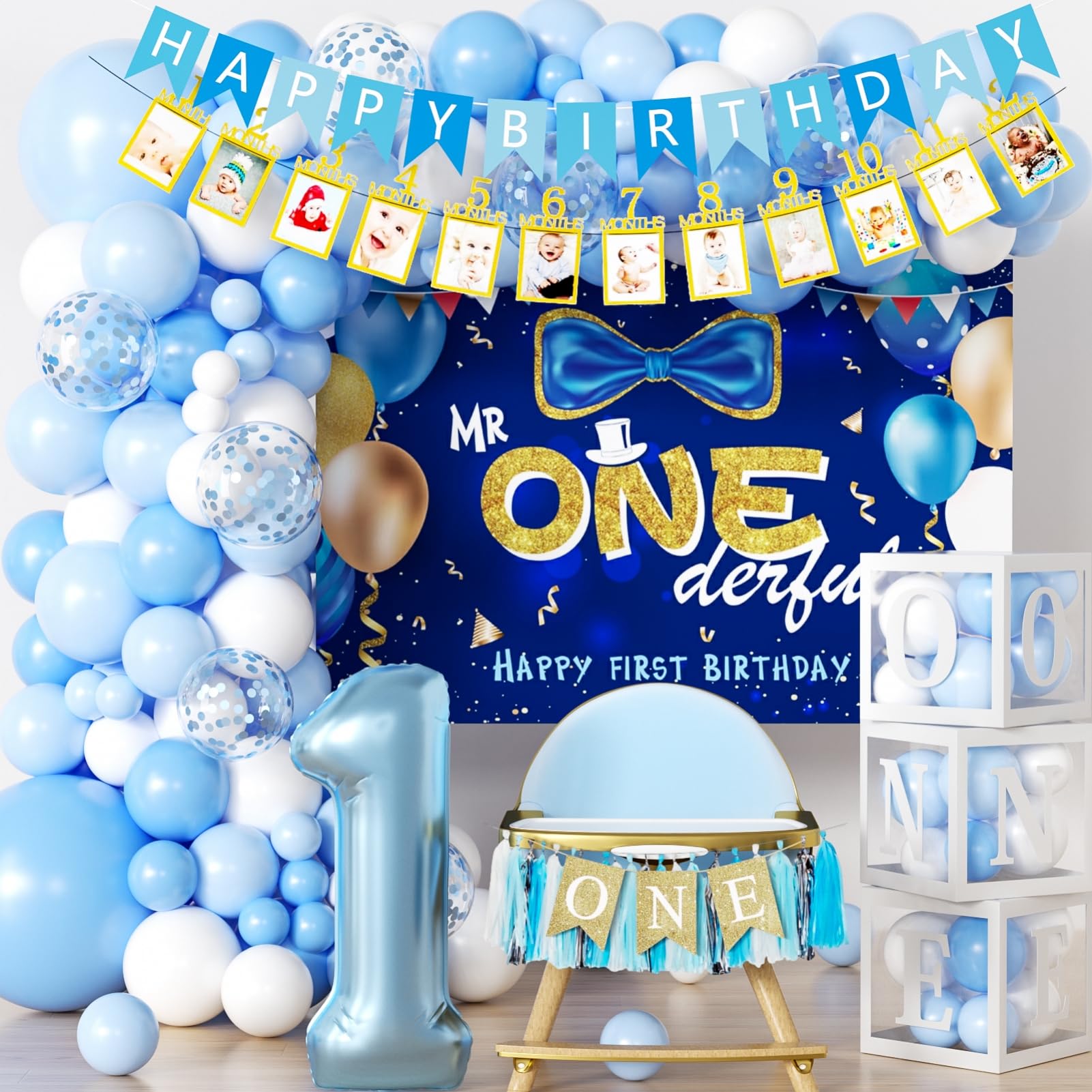 Baby Boy First Birthday Decorations Blue 1 Year Old Birthday Party Supplies for Baby Boy with Balloons Garland kit Mr. Onederful Backdrop Balloons