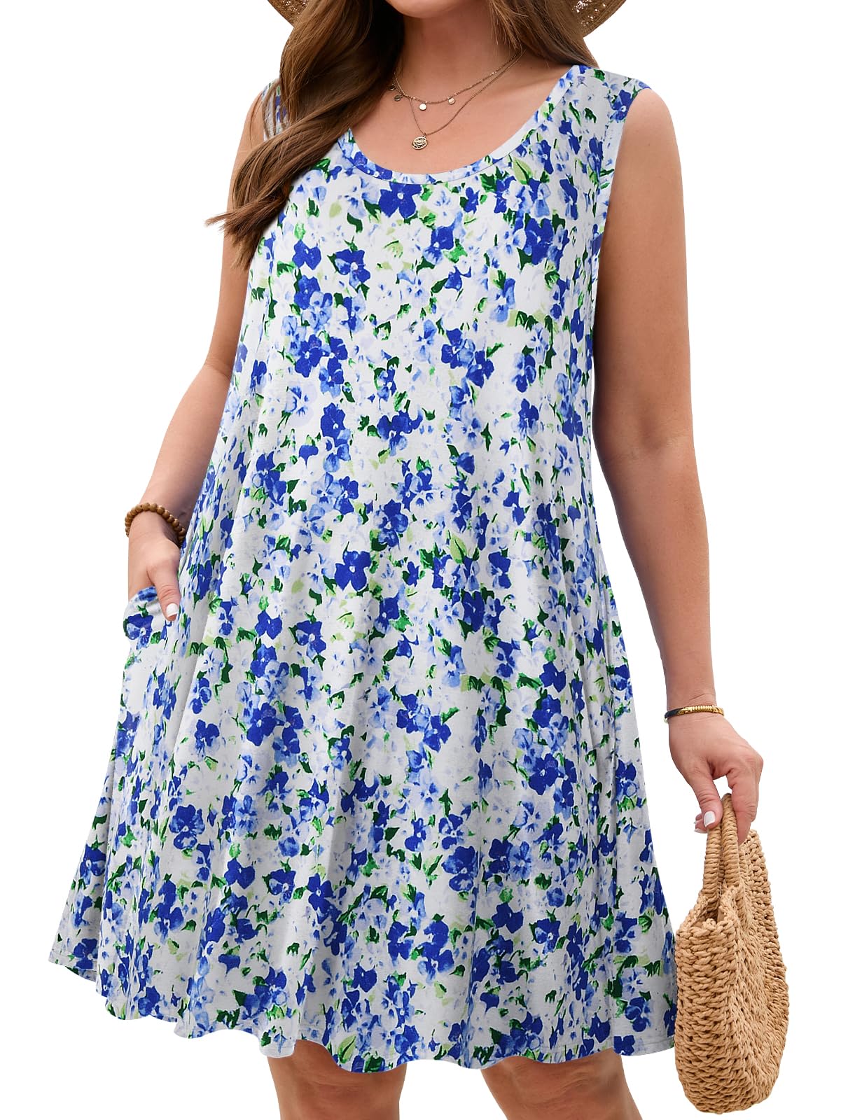 JollieLovin Women Plus Size Curvy Summer Tank Sun Dresses Sleeveless Causal T-Shirt Dress Beach Swing Cover up(L-5X)