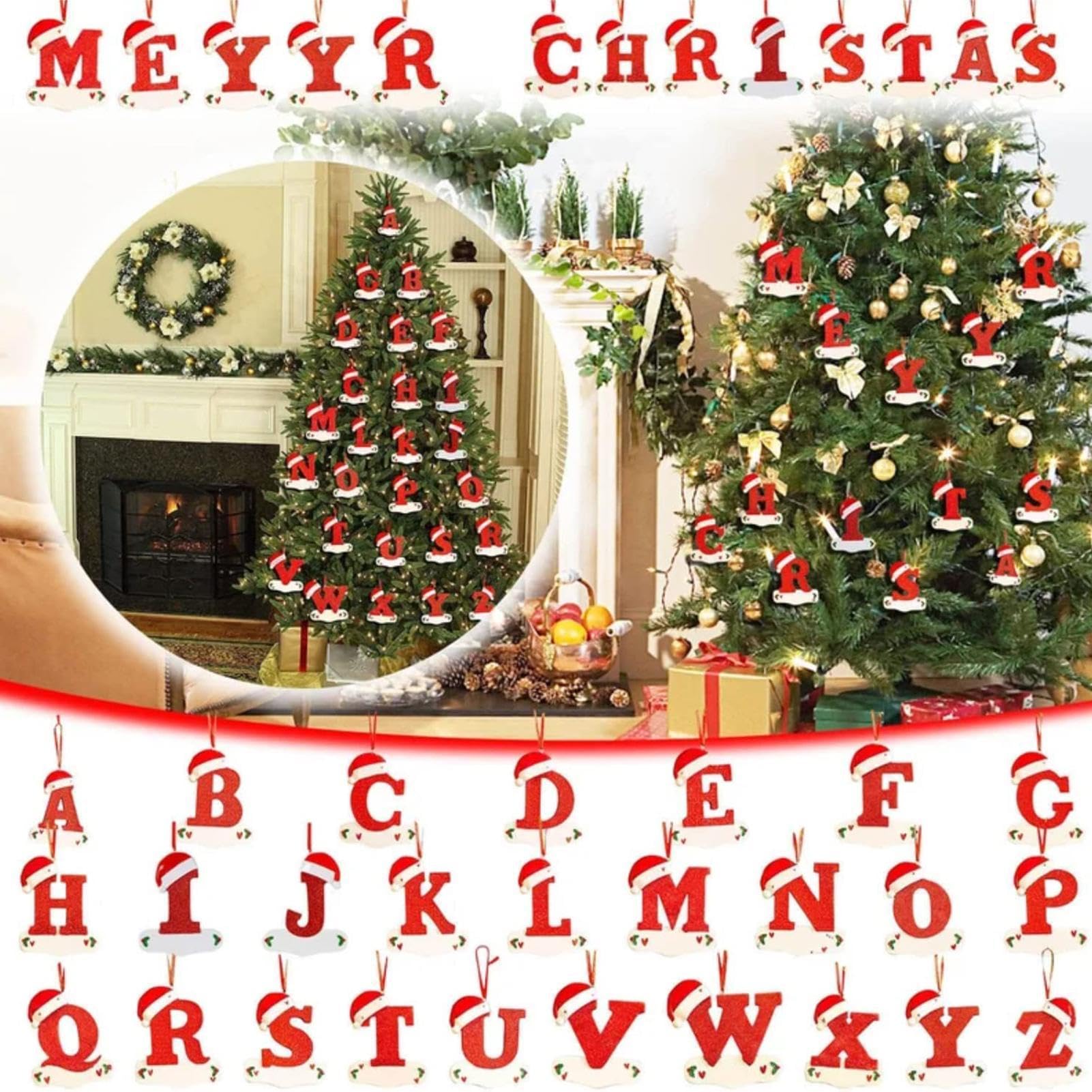 Ornamenti natalizi con iniziale rossa, decorazioni natalizie per | albero, ornamenti in legno con ciondolo a forma di lettera con cappello , 26 lettere decorazione per albero di Natale,