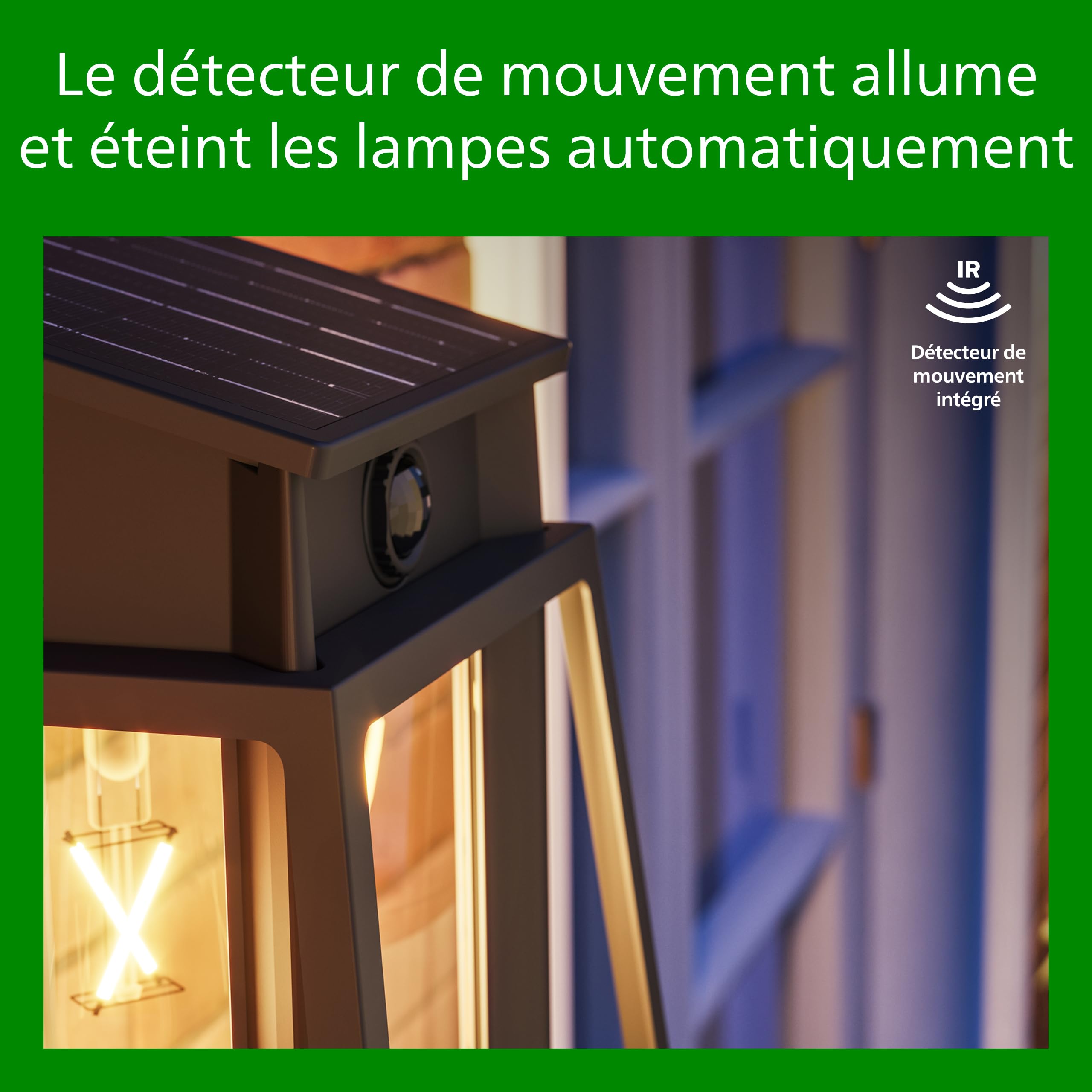 Philips Lysin Applique solaire murale UltraEfficient extérieur, Ampoule solaire remplaçable, Détecteur de mouvement, 2700K, Noir