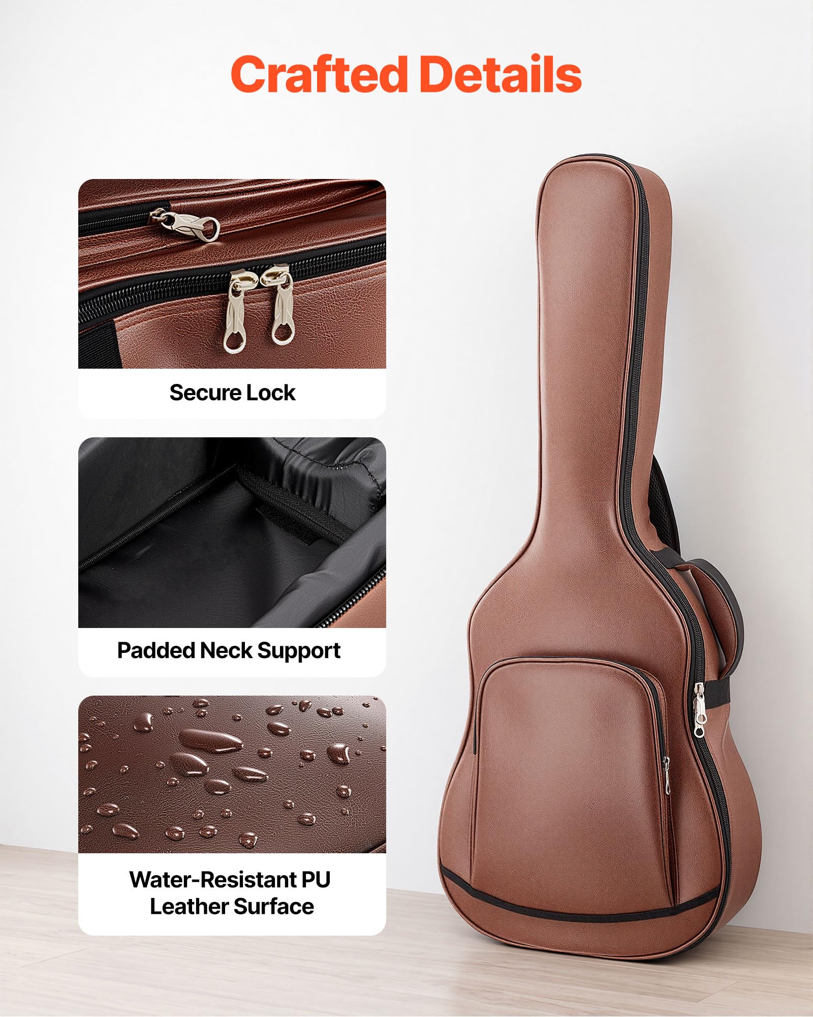 VEVOR Funda para Guitarra Acústica de 41 Pulgadas 104,1 cm Marrón con Asa, con Acolchado de Espuma, Compartimento Externo para Accesorios y Correas para Hombro, Funda de Cuero Sintético de 119,5 cm