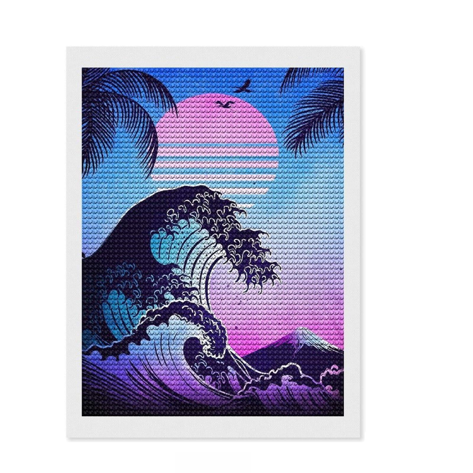 Junmoney Synthwave Wave and Sunset Diamond Art Kit 12"x16", Home Wall Decor, for Creative Relaxation, Mindful Craft Activity, Thoughtful Handmade Gift