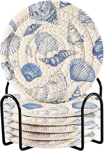 Vista 22 de Juego de 6 posavasos para bebidas con soporte, diseño retro de estrella de mar y estrella de mar, juego de 6 posavasos decorativos absorbentes