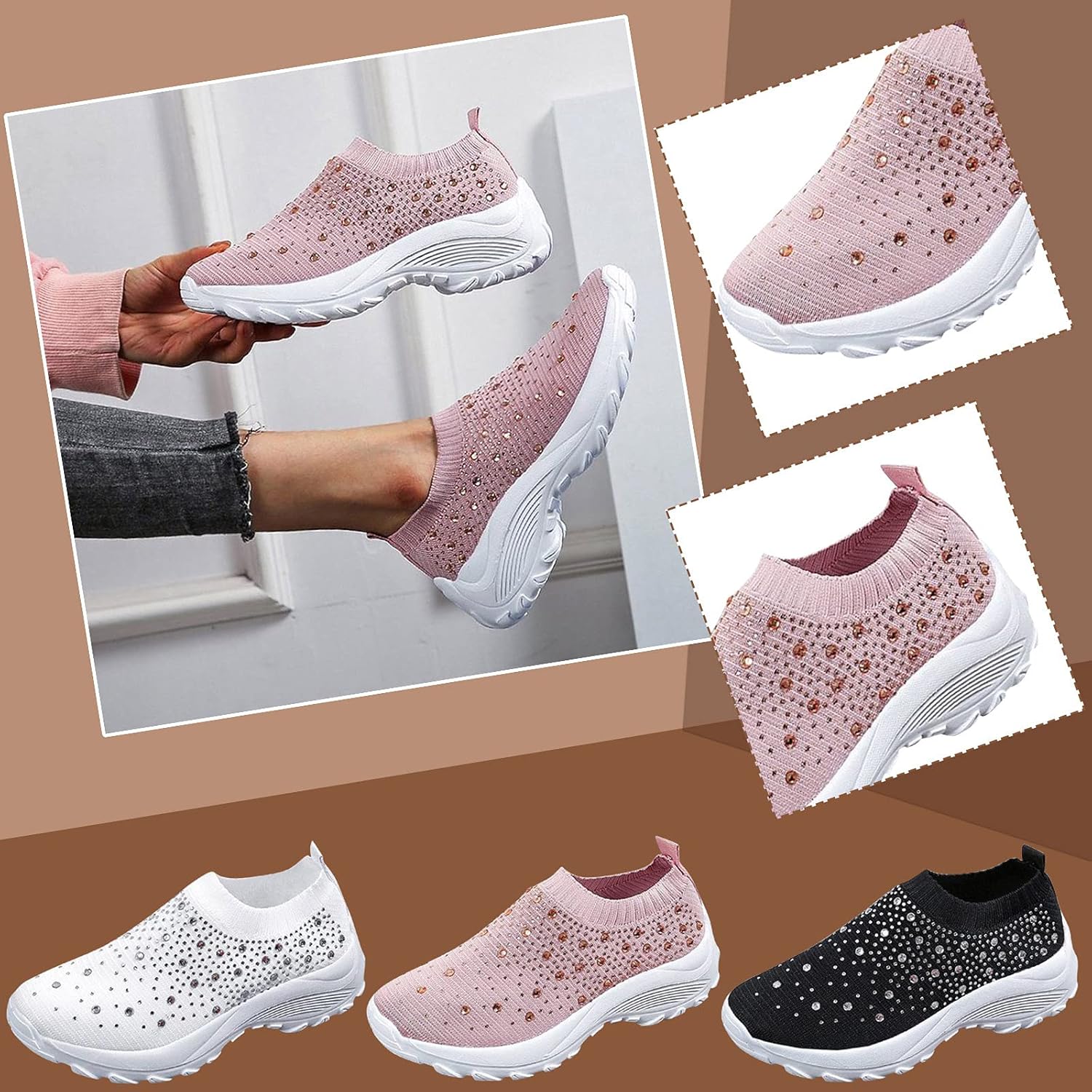 Women’s Sparkly Rhinestones Slip On Mesh Sock Sneakers Breathable Non-slip Running Shoes Laceless Comfort Lightweight Walking Shoes for Summer Casual Working Gym Tennis Athletic Indoor Outdoor