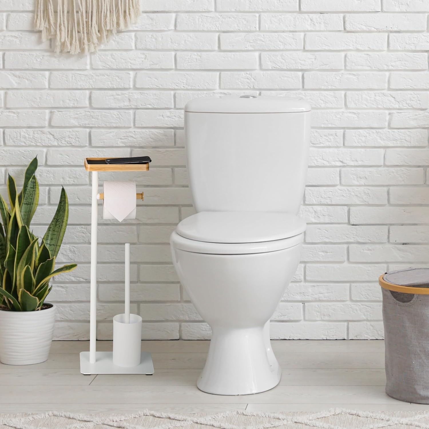 Relaxdays Bamboo Iron Freestanding Toilet Paper Holder Toilet Brush with Brush Holder White/Natural