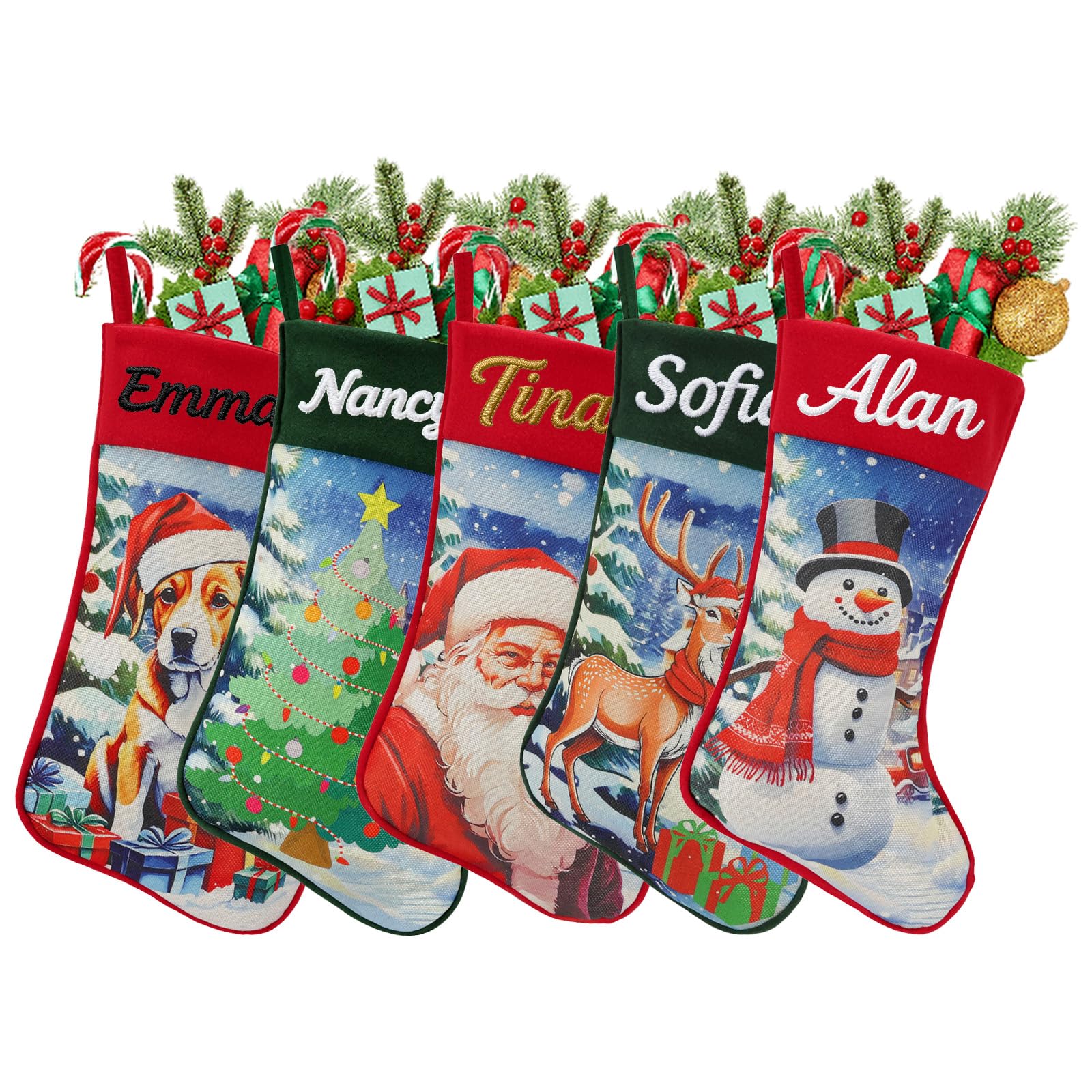 mememom Personalised Christmas Stockings with Embroidered Name, Custom Xmas Character Stocking Santa Claus Snowman Reindeer,18 inch Large Embroidered Xmas Stocking Decoration(Style 6-5 Pack) โ image 1