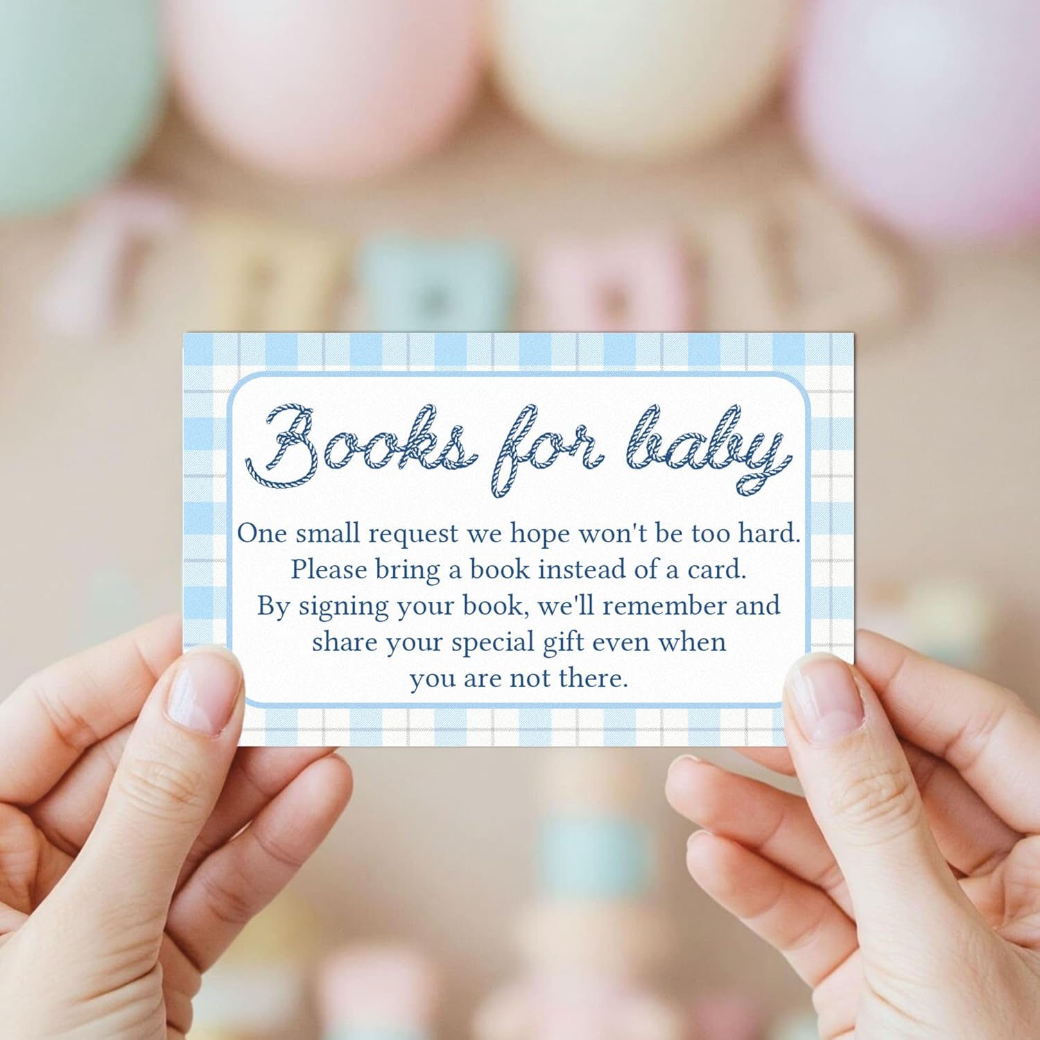 50 Pcs A Little Blue Jean Books for Baby Cards, 3.5 x 2.1 Inch Blue Gingham Library Request Cards, Bring A Book Baby Shower Invitations Gifts for Boys Girls, Gender Reveal Decorations-B13