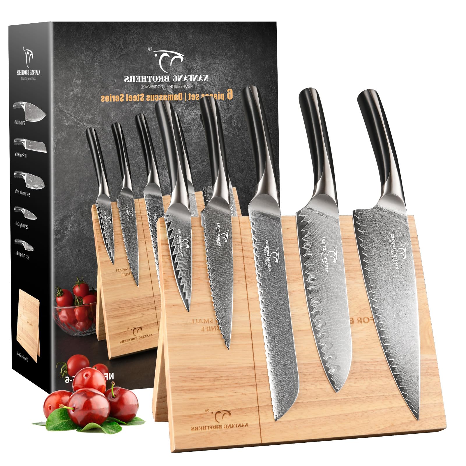 NANFANG BROTHERS Set de couteaux, 6 pièces en Acier Damas VG10 Set de couteaux de Cuisine avec Support magnétique en Bois, Manche ergonomique en ABS Pour Set de couteaux de Chef, professionnel