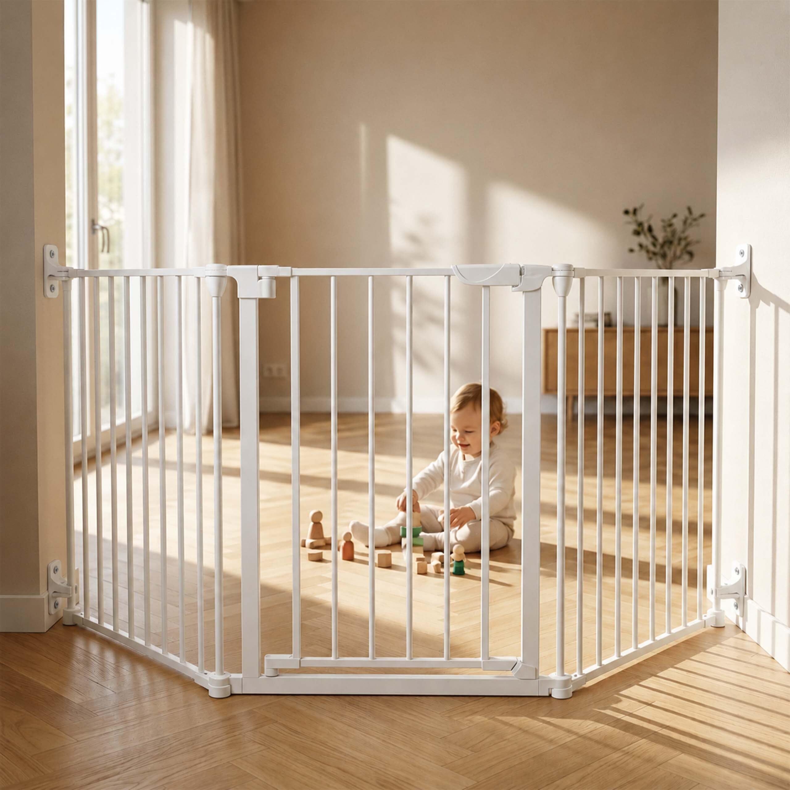 Relaxdays Sicherheitsgitter, 3-teilig, mit Tür, HxB: 74 x 85–180 cm, weiß
