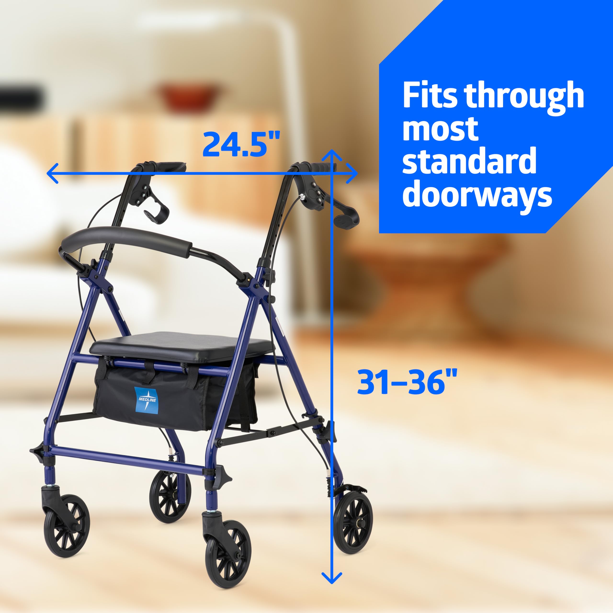 Medline Deambulatore deambulatore con sedile, in acciaio con ruote da 15,2 cm, supporta fino a 158,8 kg, deambulatore medico, blu