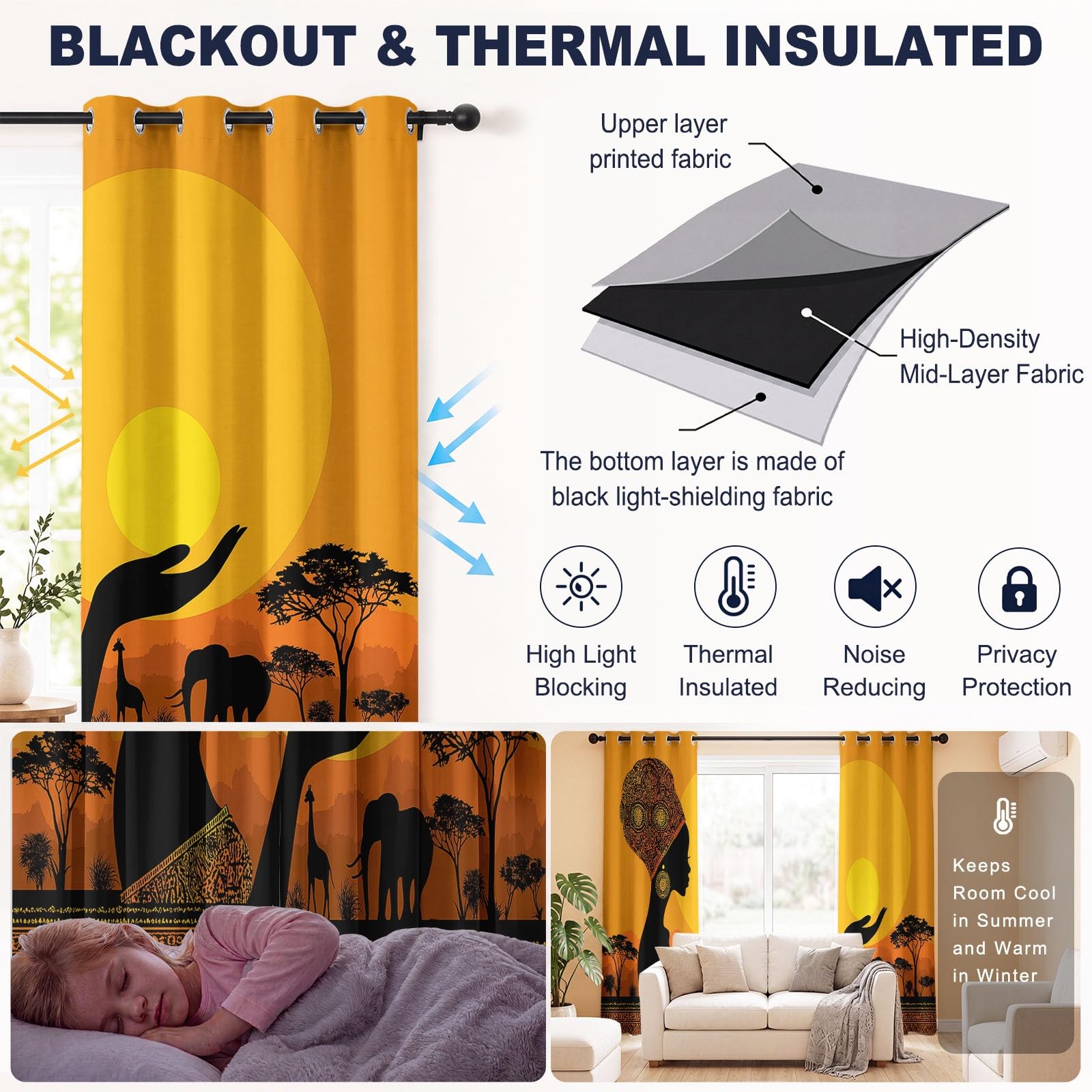 Rideau Thermique Style Africain, Rideau Occultant Fille Silhouette Coucher de Soleil L 110 x H 215 cm, Rideaux et Draperies Intérieurs à Oeillets Rideau, Rideaux Chambre Salon Fenetre,