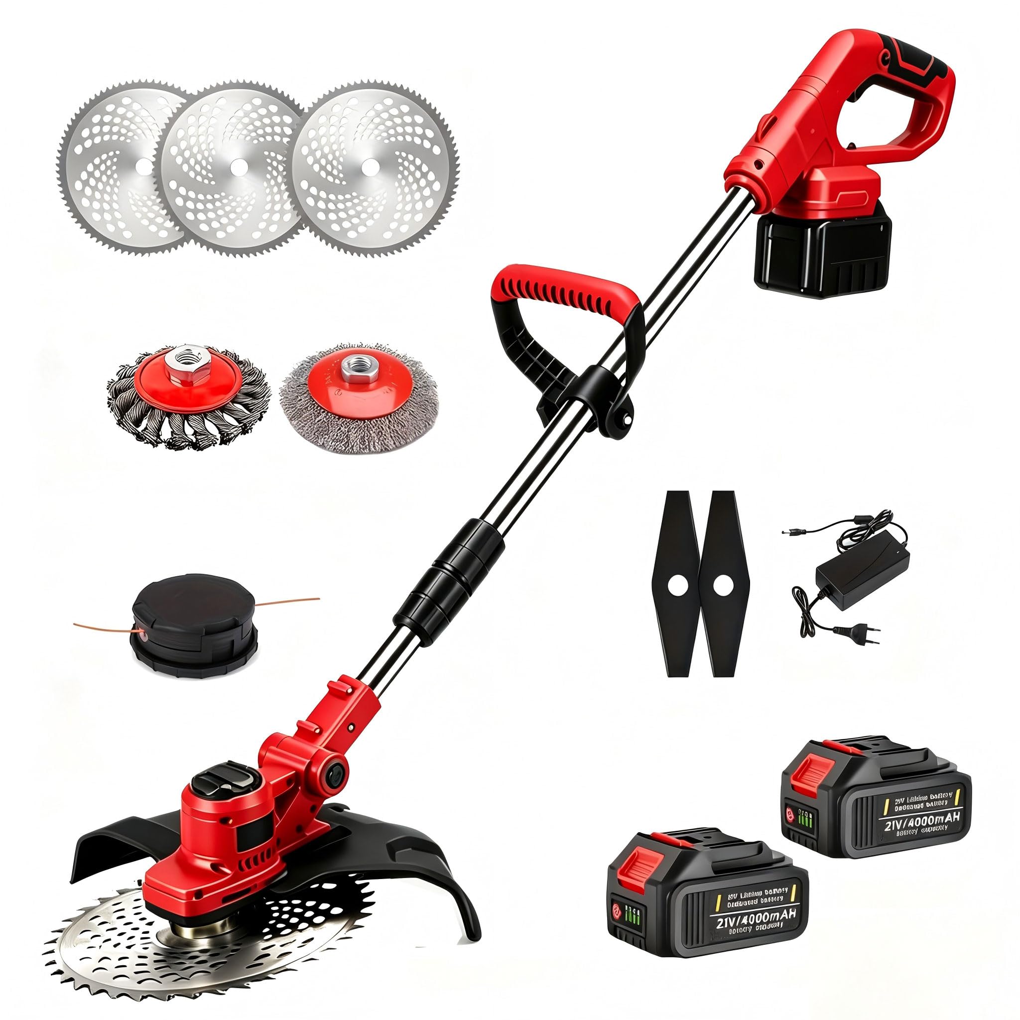 Rasentrimmer mit Akku, Akku Rasentrimmer 21V mit Unkrautbürste, 2X4.0Ah Akku Freischneider, Tap&Go M10, für Garden Trimmen (Rot)