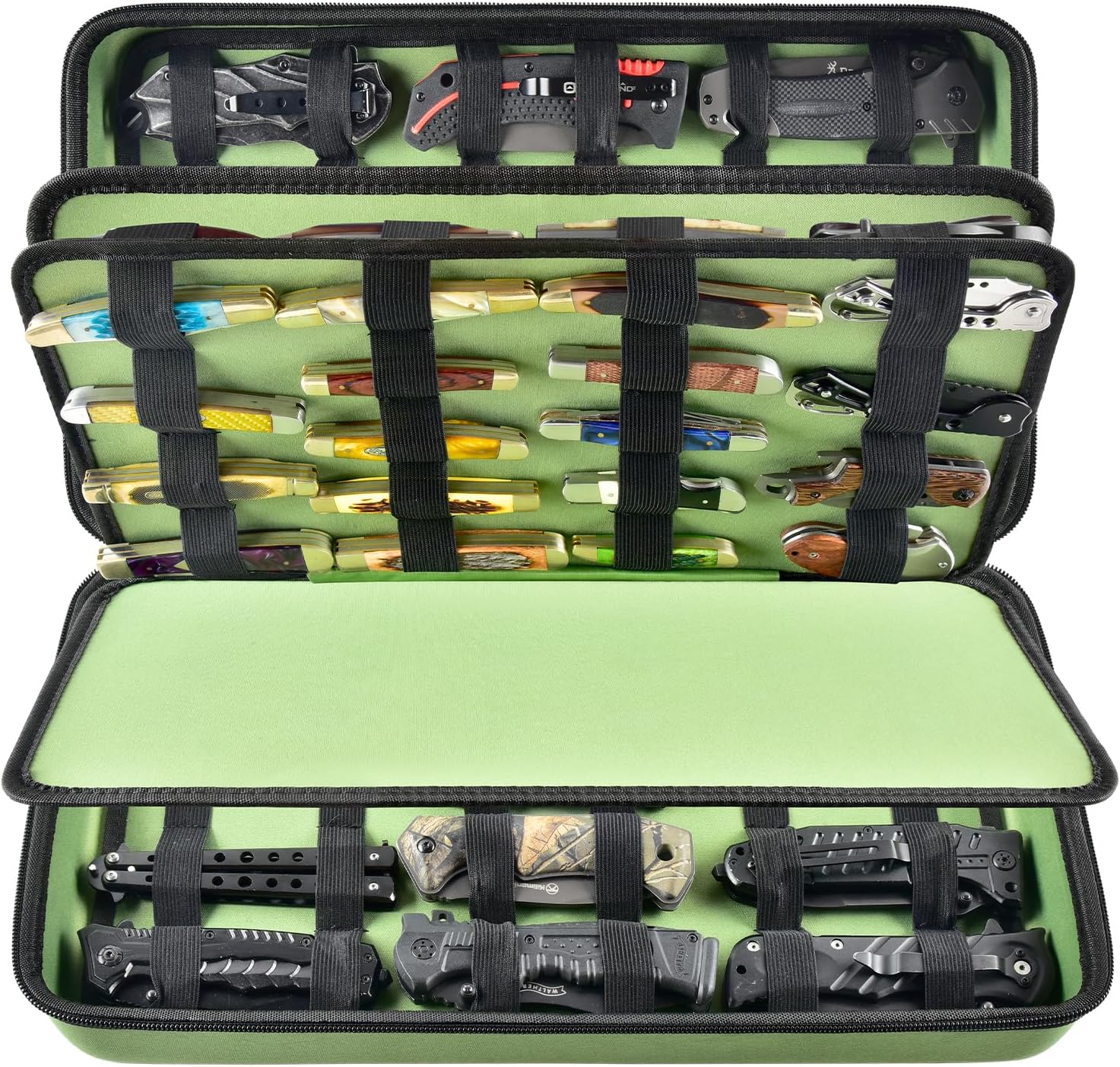 GWCASE Display Case for 66+ Pocket Knives. Folding Holder, Butterfly Storage Organizer, Roll Collection Pouch Carrier Bag for Survival Tactical Outdoor for EDC Mini Knife -Green