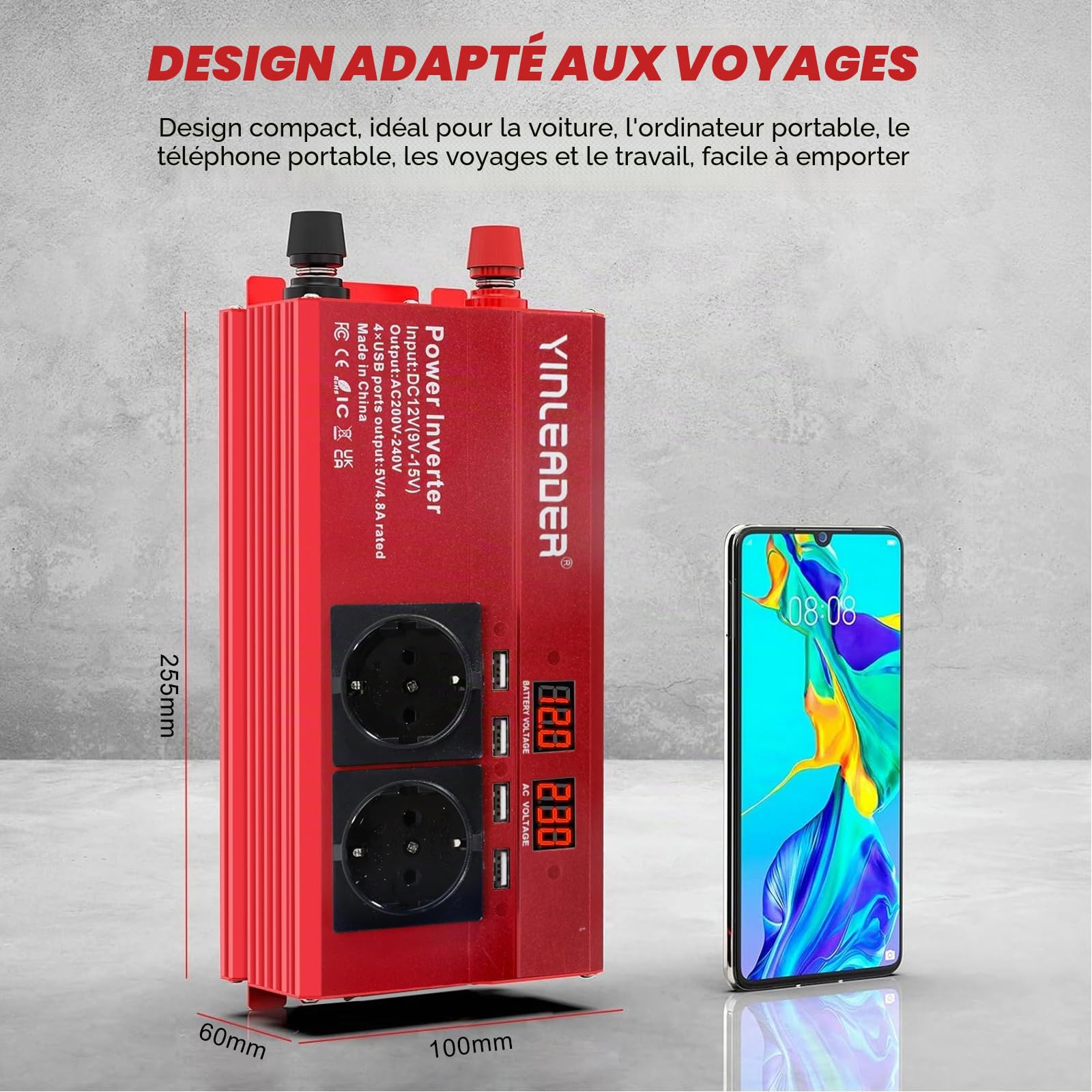 Convertisseur de tension 12 V 230 V 1000 W/2000 W Onduleur avec 2 prises et 4 voyants de tension LED USB