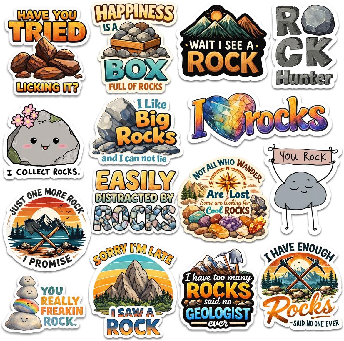15 Pcs Rock Stickers Pack, Funny Geology Waterproof Vinyl Decals for Laptop Water Bottle, Cute Rock Collector Sticker Set Gift for Kids Teens Geology Lovers