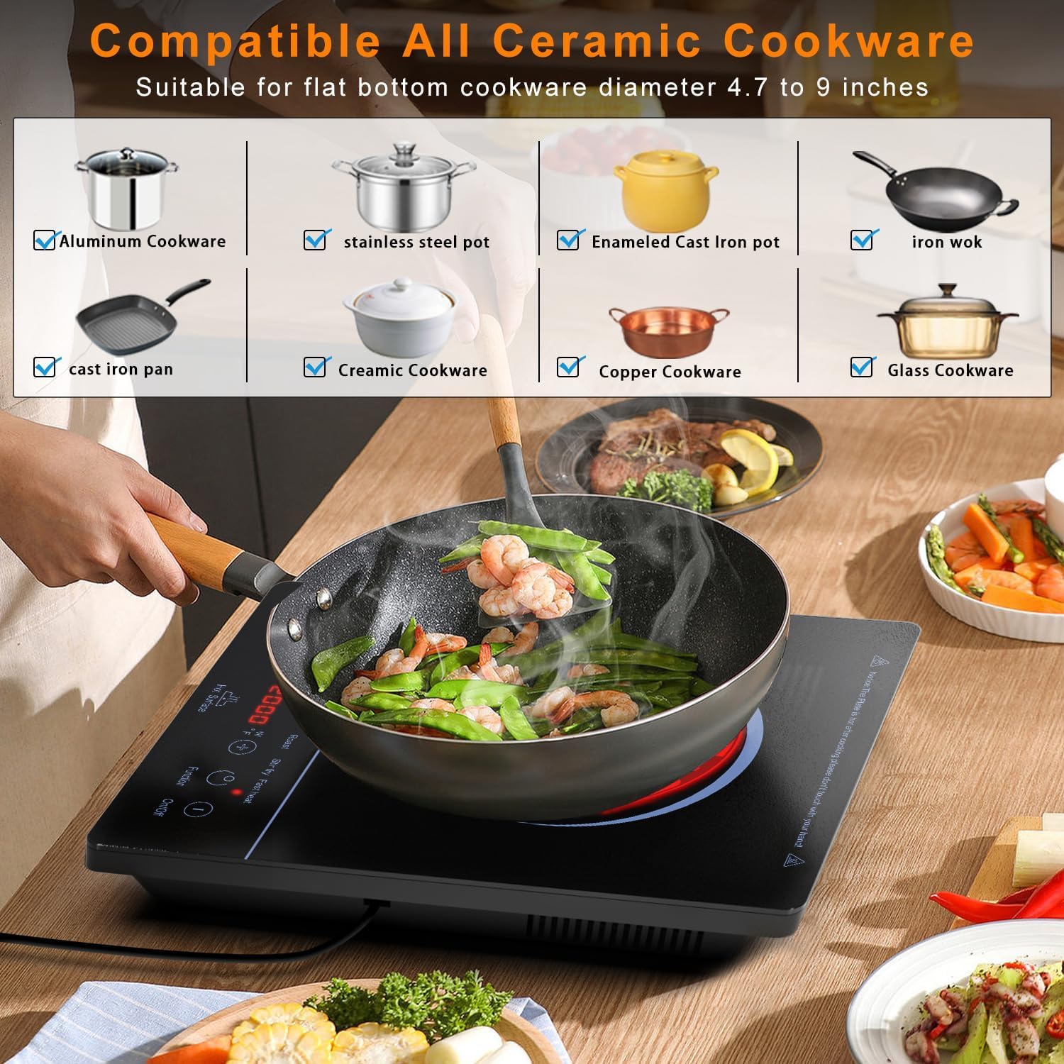 Karinear Portable Ceramic Hob Pulg in Single Electric Hob with 4-Hour Timer 9 Power Levels Up to 2000W, 8 Pre-set Functions Touch Sensor Control Safety Lock — view 6