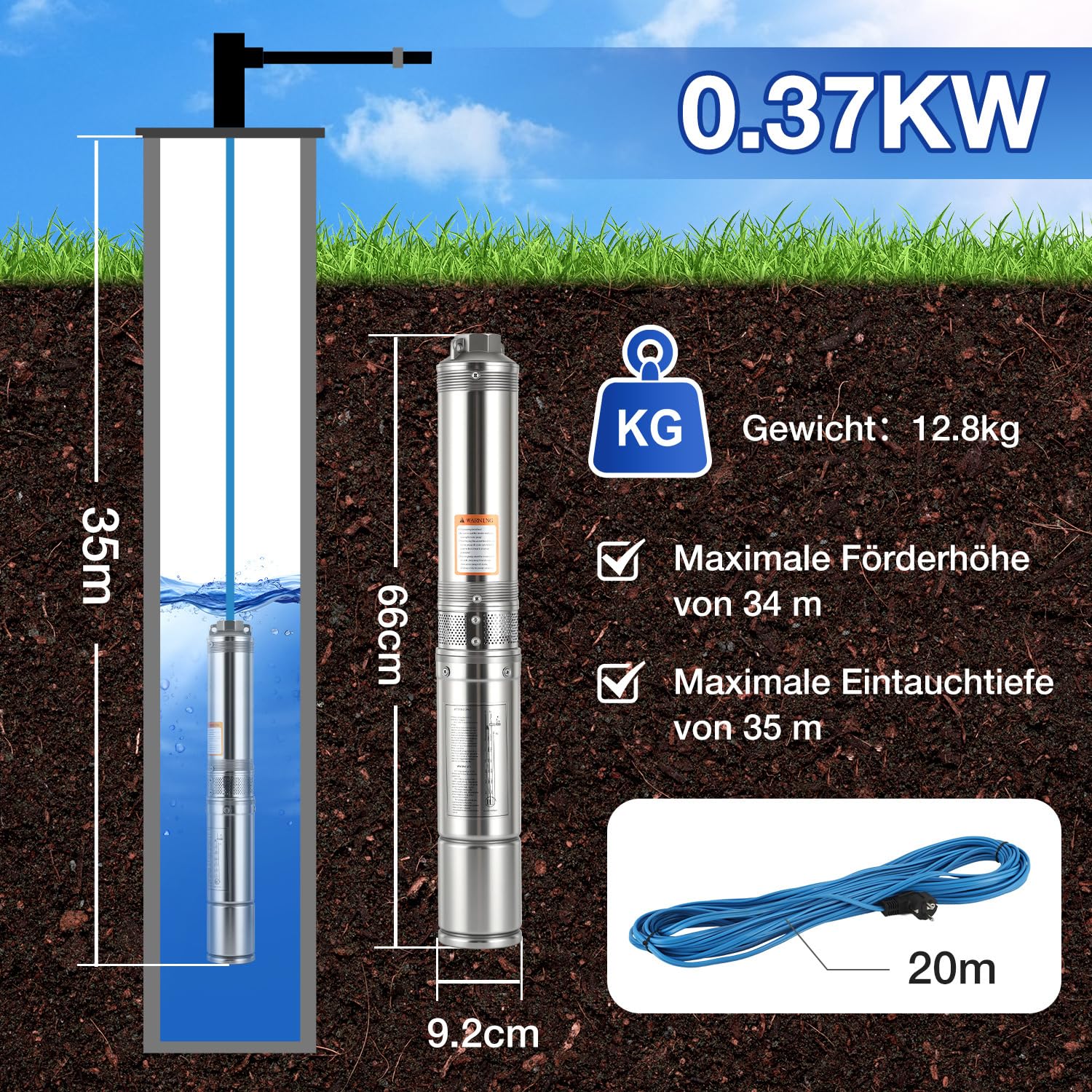 Pompa per fontana profonda, 370 W, in acciaio inox, con cavo di collegamento da 20 m, condensatore integrato, altezza massima di consegna: 34 m, pompa dell'acqua per impianto idraulico
