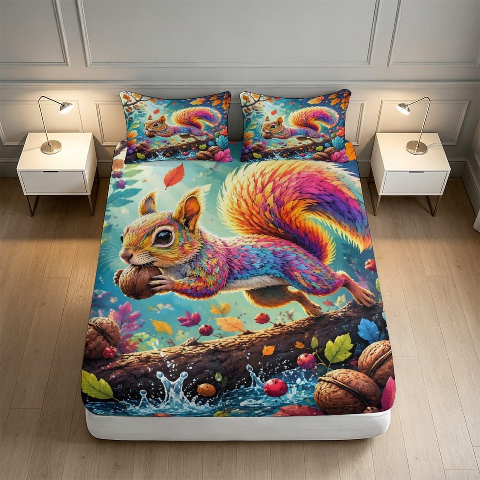Écureuil Forêt Drap Housse Motif 3D Microfibre Douce Anti-Froissement