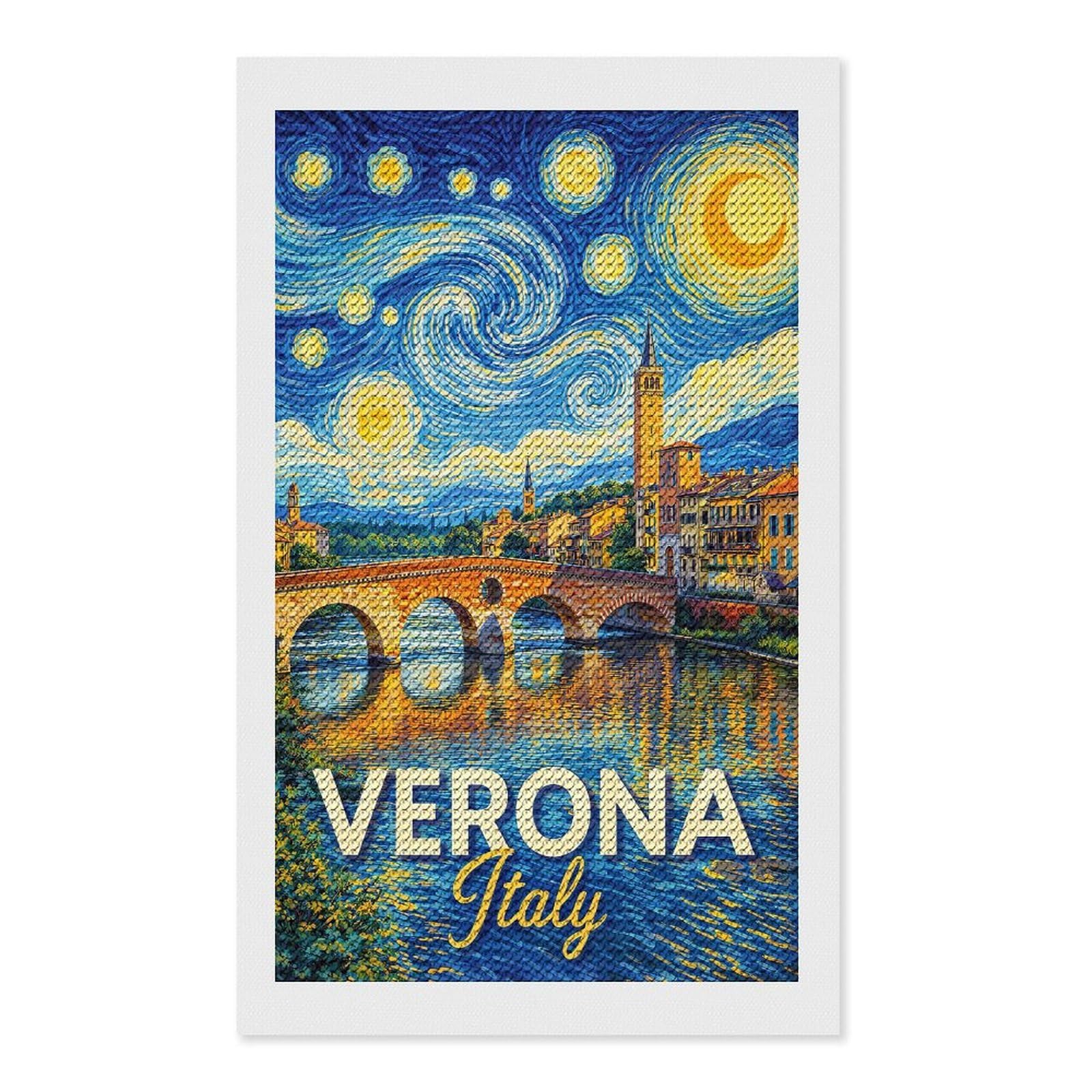 Junmoney Verona Italy Starry Night Painting DIY Diamond Art Canvas Kit 12"x20", Pleasing Wall Art Project, Easy Handmade Project, Living Room Decor