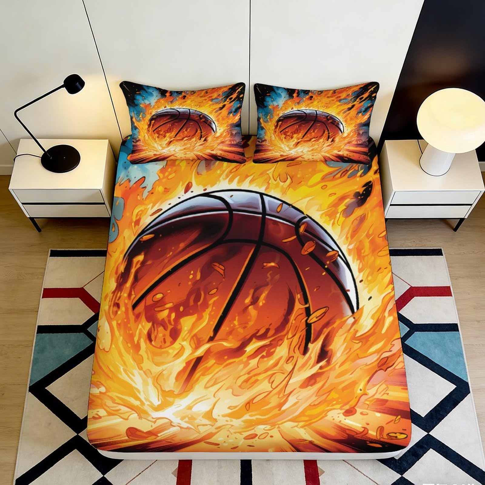 Dhbaneiok Style-10 3D Printed Fire Basketball Fitted Sheet Microfiber Orange Flame Mattress Cover For Bedroom Dorm Home Décor Washable 90X200x25cm
