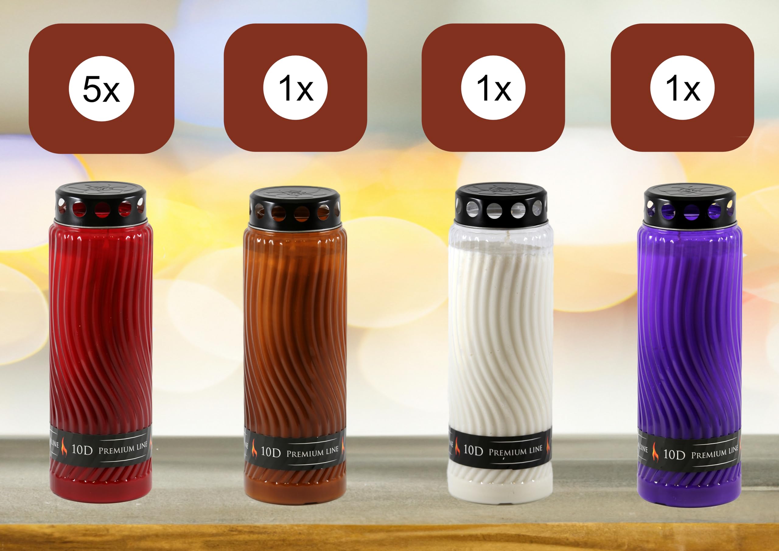 8 St. Wella Nr. 10 gemischt Premiumbrenner - Grabkerze mit einer Brenndauer von bis zu 10 Tage, 5x rot, 1x braun, 1x white, 1x lila - Gedenkkerze - Friedhofskerze - Totenkerze - Trauerkerze