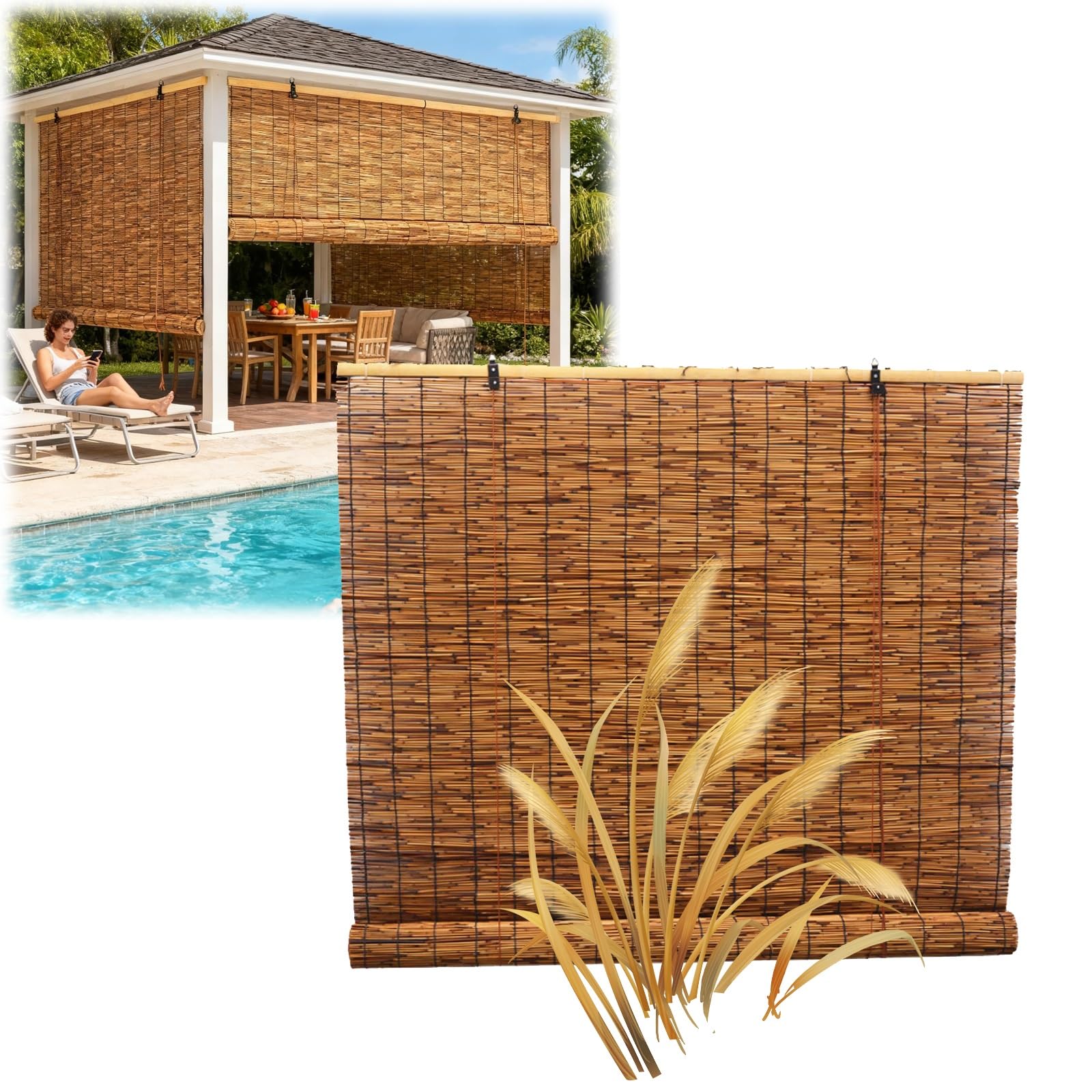 CMJYMX Bamboo Roll Up Blinds For Indoor Windows, Waterproof Roller Shades Natural Roll Up Window Blind With Lift For Patio, Restaurants, Resorts, Terraces, Balconies(110x120CM/43x47IN(WxH))
