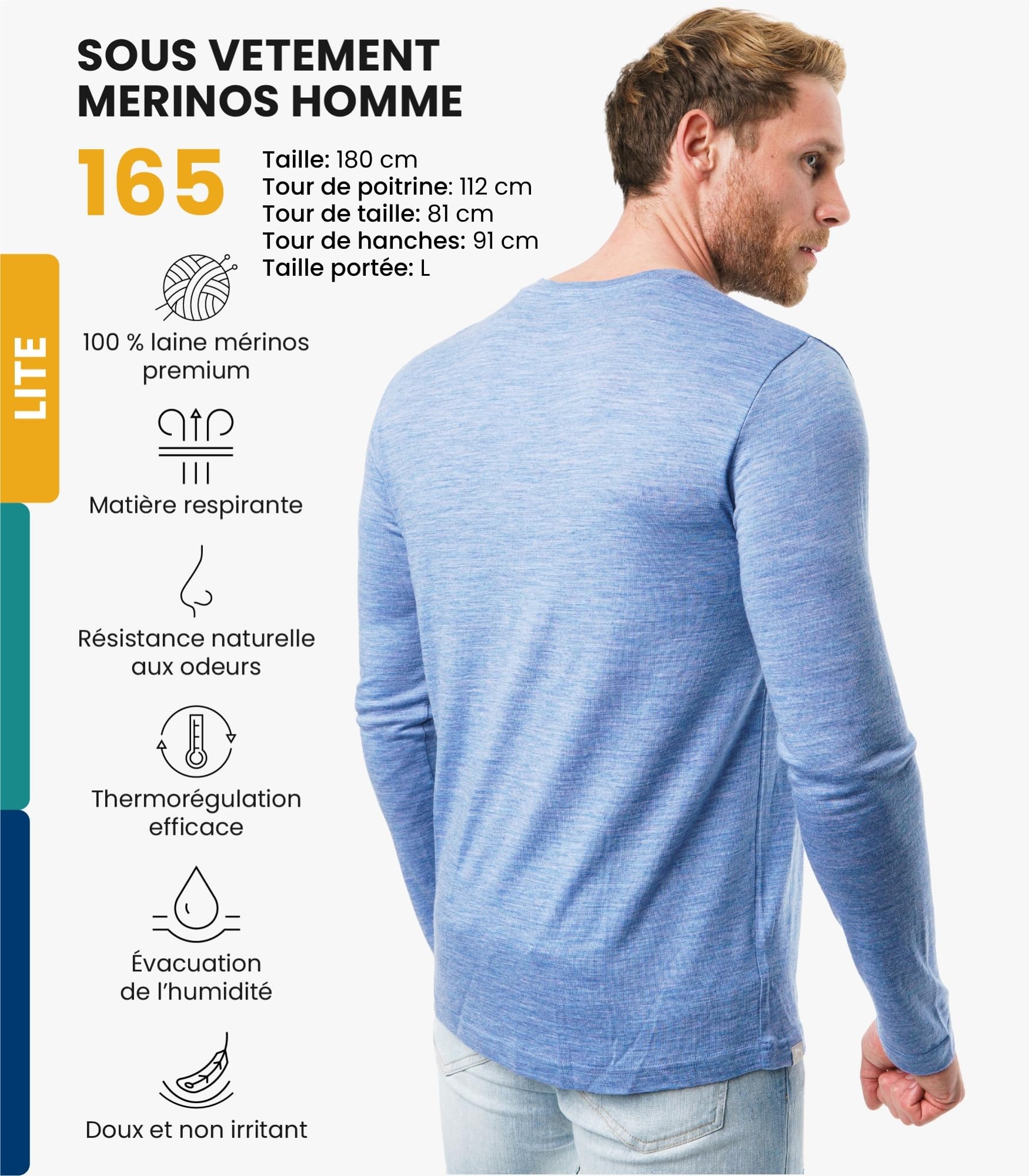 Merino.tech Chemise Homme Manches Longues 100% Merinos - sous Vetement Merinos Homme Lourd, Moyen, Léger avec Chaussettes - 2
