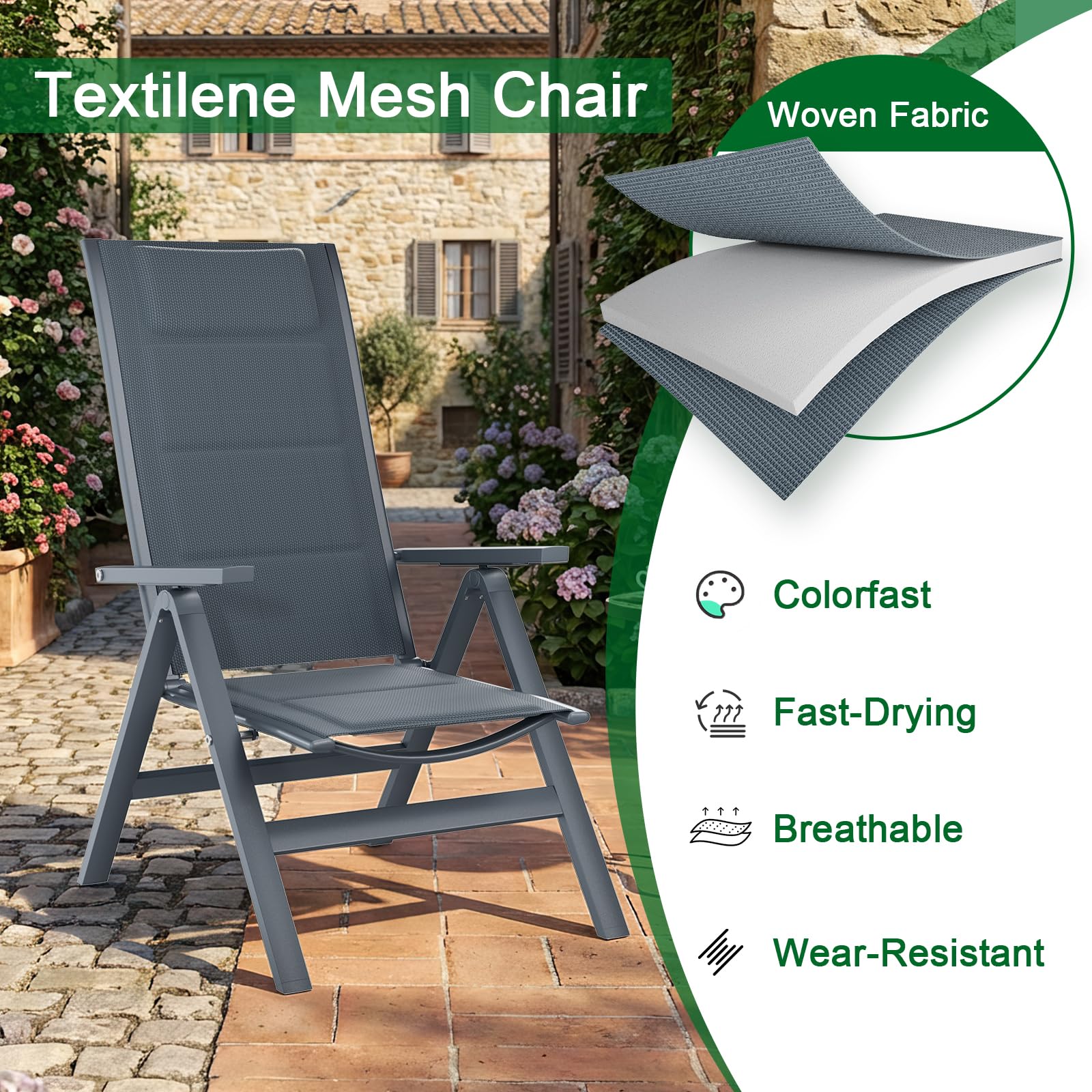 JUMMICO Fauteuil de Jardin Extérieur en Aluminium｜7 Positions Réglables, Dossier Haut｜Design Pliant et Portable｜Idéal pour Balcon, Jardin, Terrasse et Espaces Extérieurs｜Lot de 2
