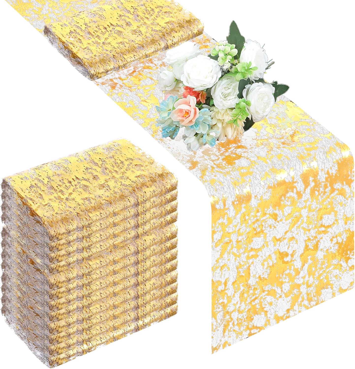 12 Pieces Gold Table Runner Metallic Thin Mesh Table Runner Roll 11 x 108 Inches Rectangle Glitter Runners for Wedding Baby Shower Birthday