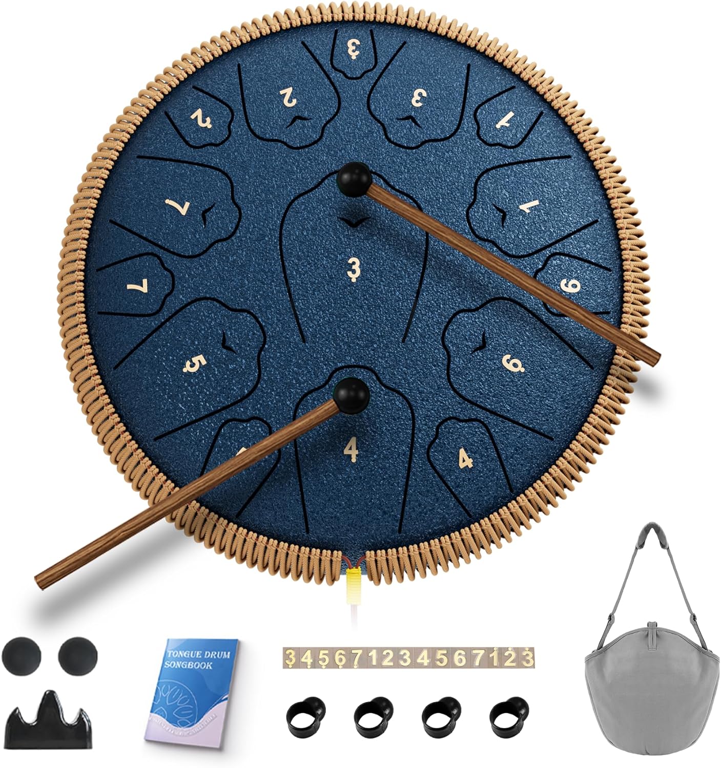 Steel Tongue Drum, 13 Inch 15 Notes Tongue Drums, C Major Drum Percussion Instruments, Handpan Drums with Music Book, Drum Mallets and Carry Bag (Navy Blue)