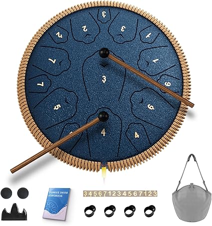 Steel Tongue Drum, 13 Inch 15 Notes Tongue Drums, C Major Drum Percussion Instruments, Handpan Drums with Music Book, Drum Mallets and Carry Bag (Navy Blue)